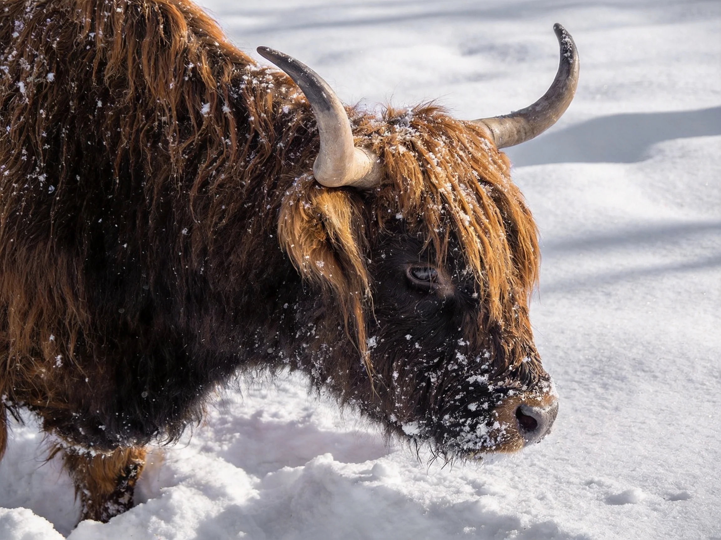 A shaggy brown Highland cow stands in deep white snow