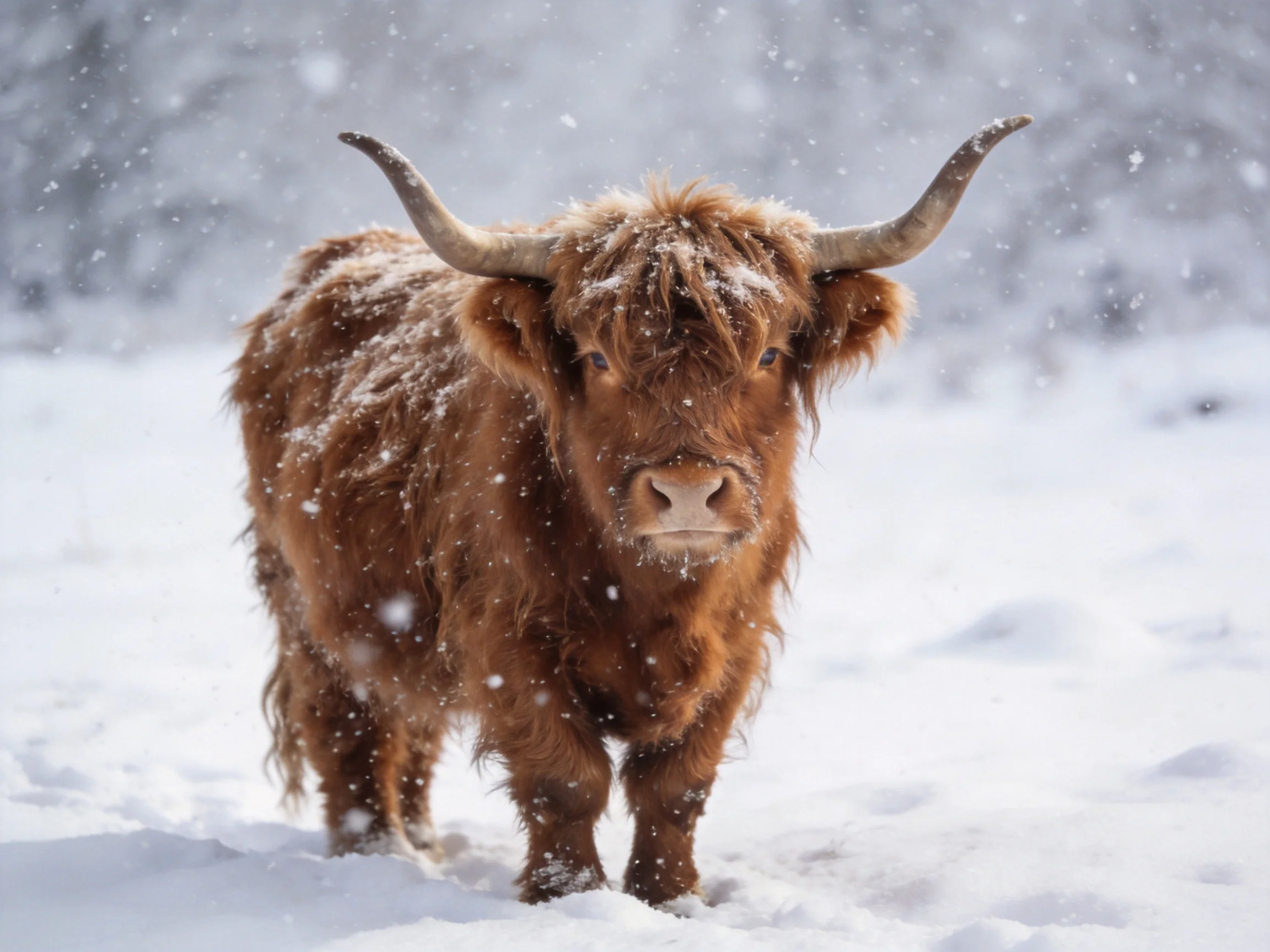 A shaggy brown Highland cow stands in falling snow