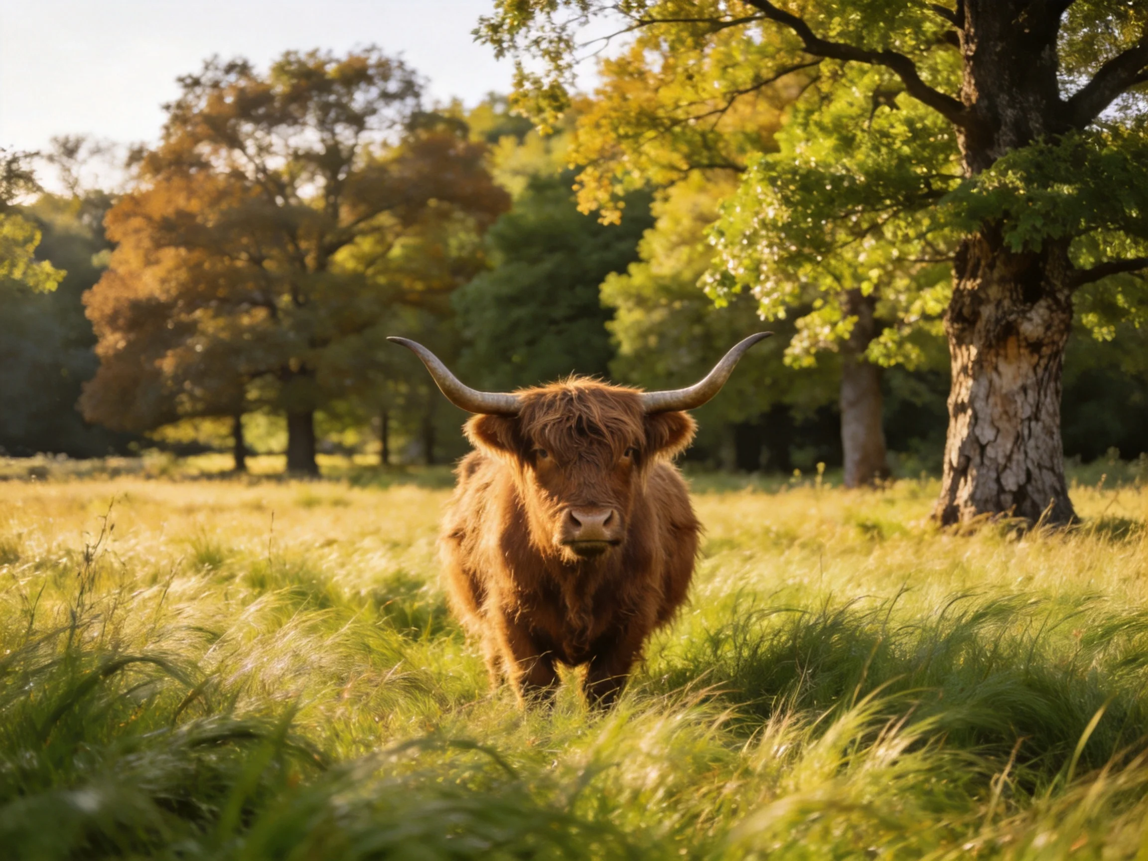 A shaggy brown Highland cow stands in golden meadow near ancient trees