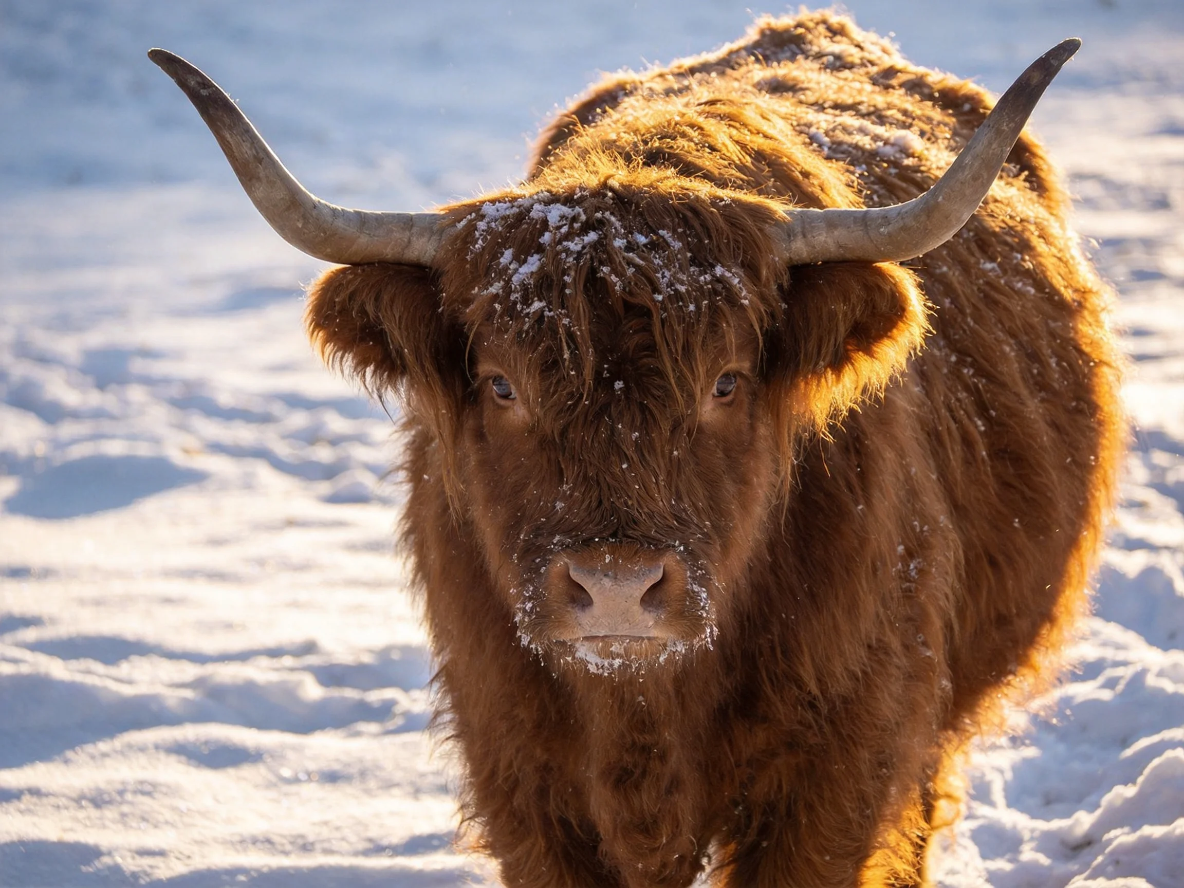 A shaggy brown Highland cow stands in snowy terrain