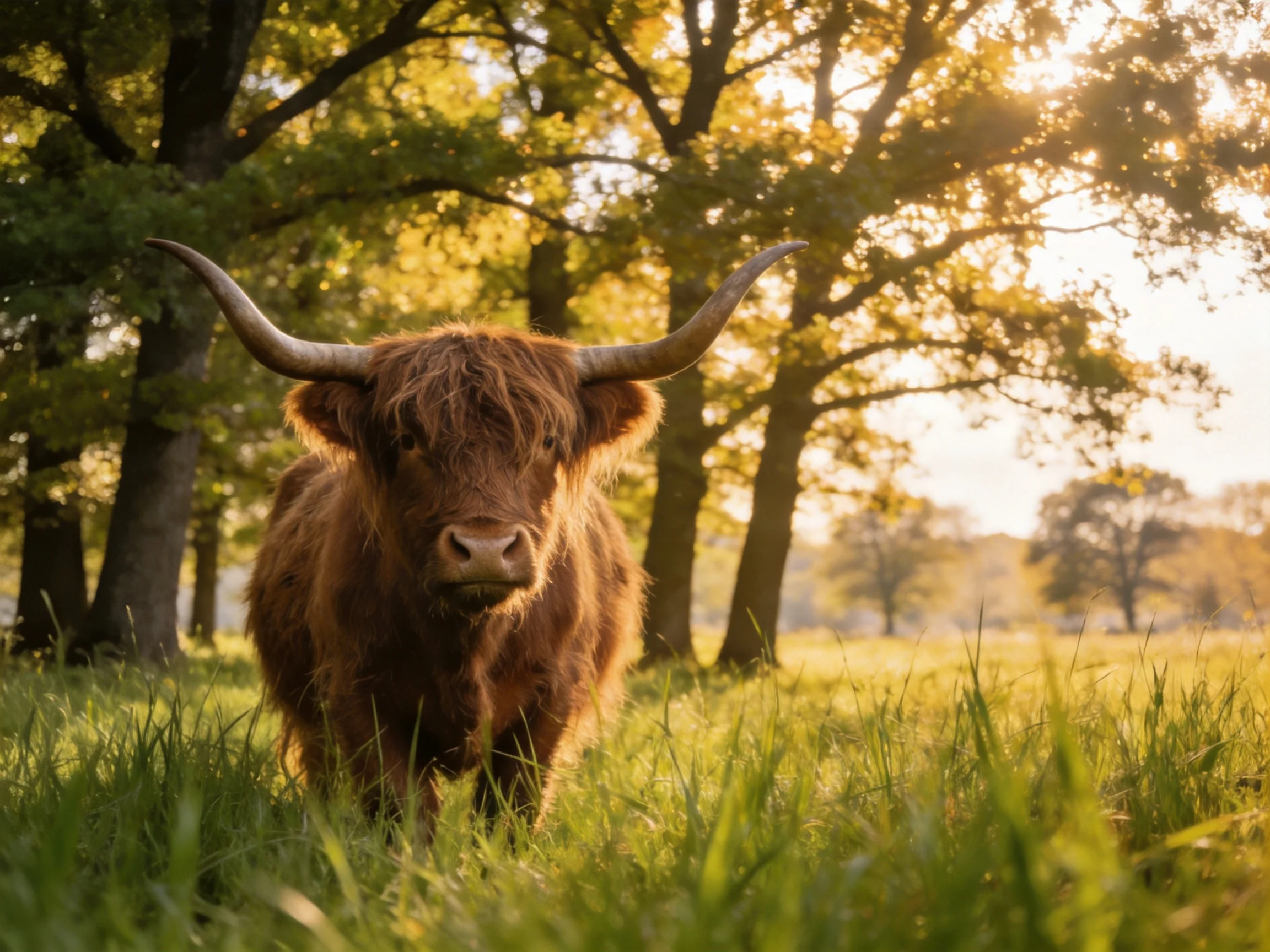 A shaggy brown Highland cow stands in sunlit green meadow near tall trees
