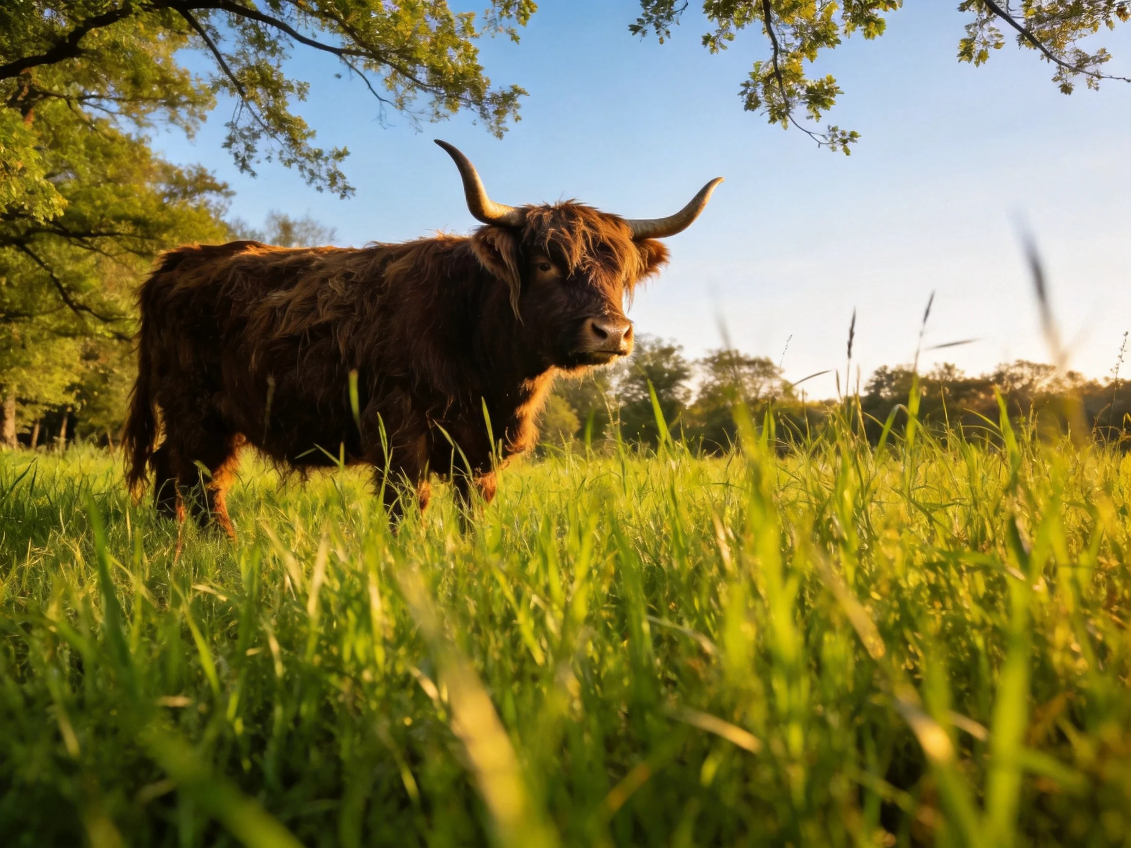 A shaggy brown Highland cow stands in tall green grass near trees
