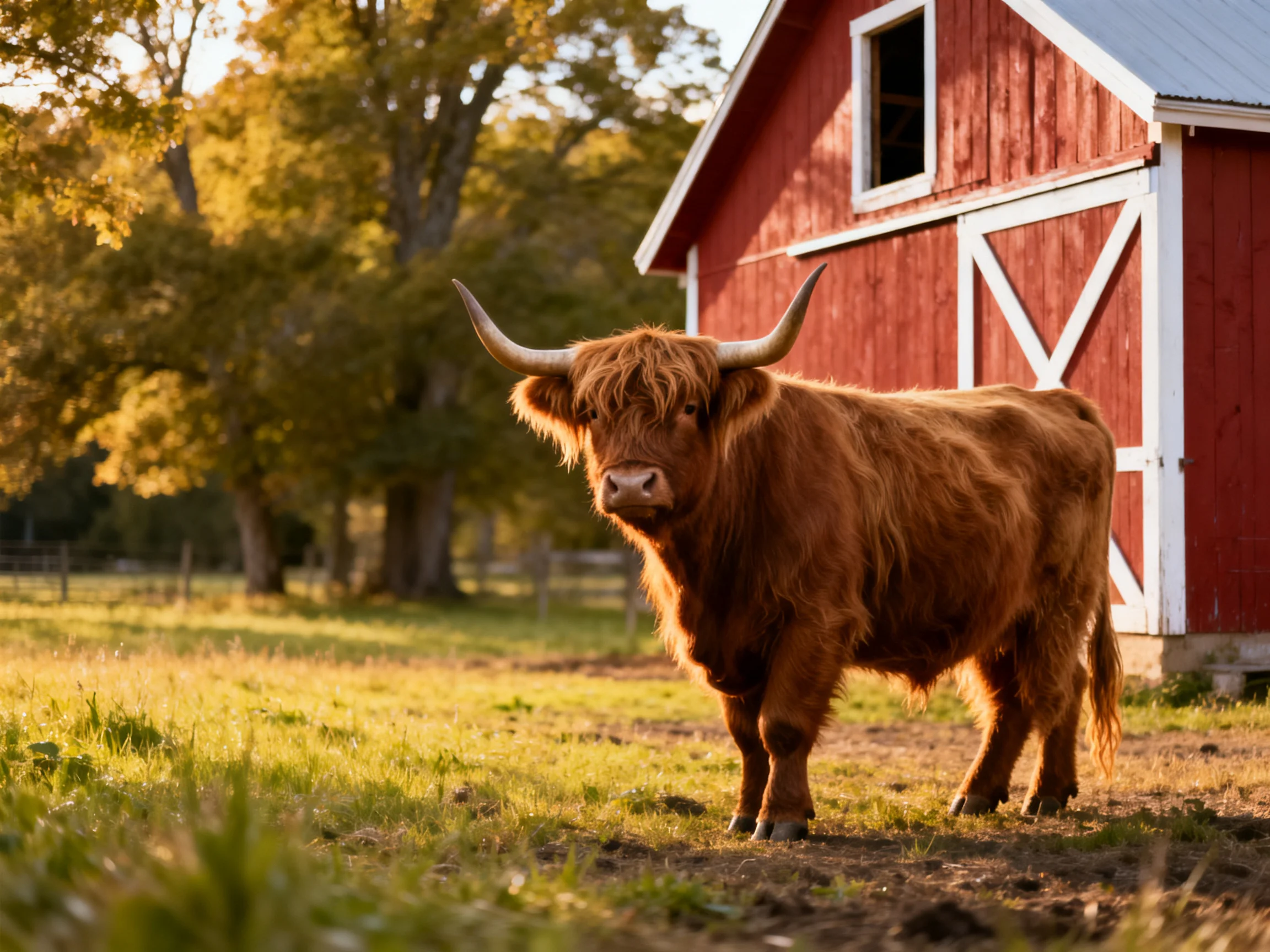 A shaggy brown Highland cow stands near a bright red barn