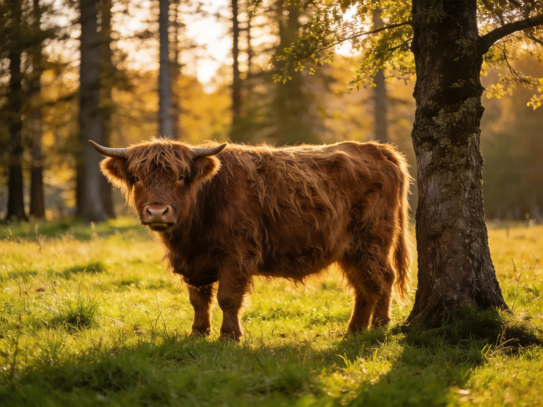 A shaggy brown Highland cow stands near a tree in golden sunlight
