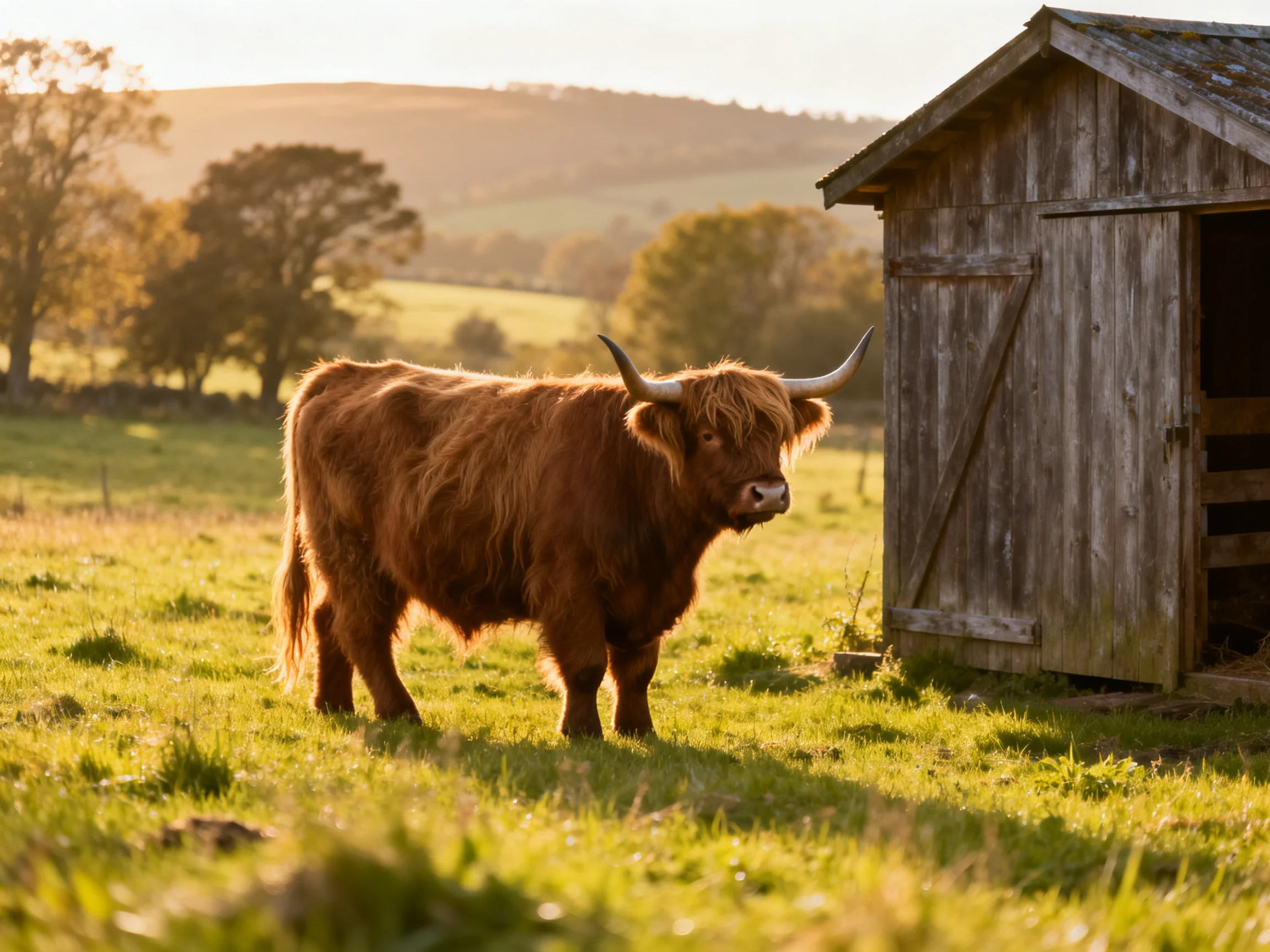 A shaggy brown Highland cow stands near an aged wooden shed in a sunlit meadow