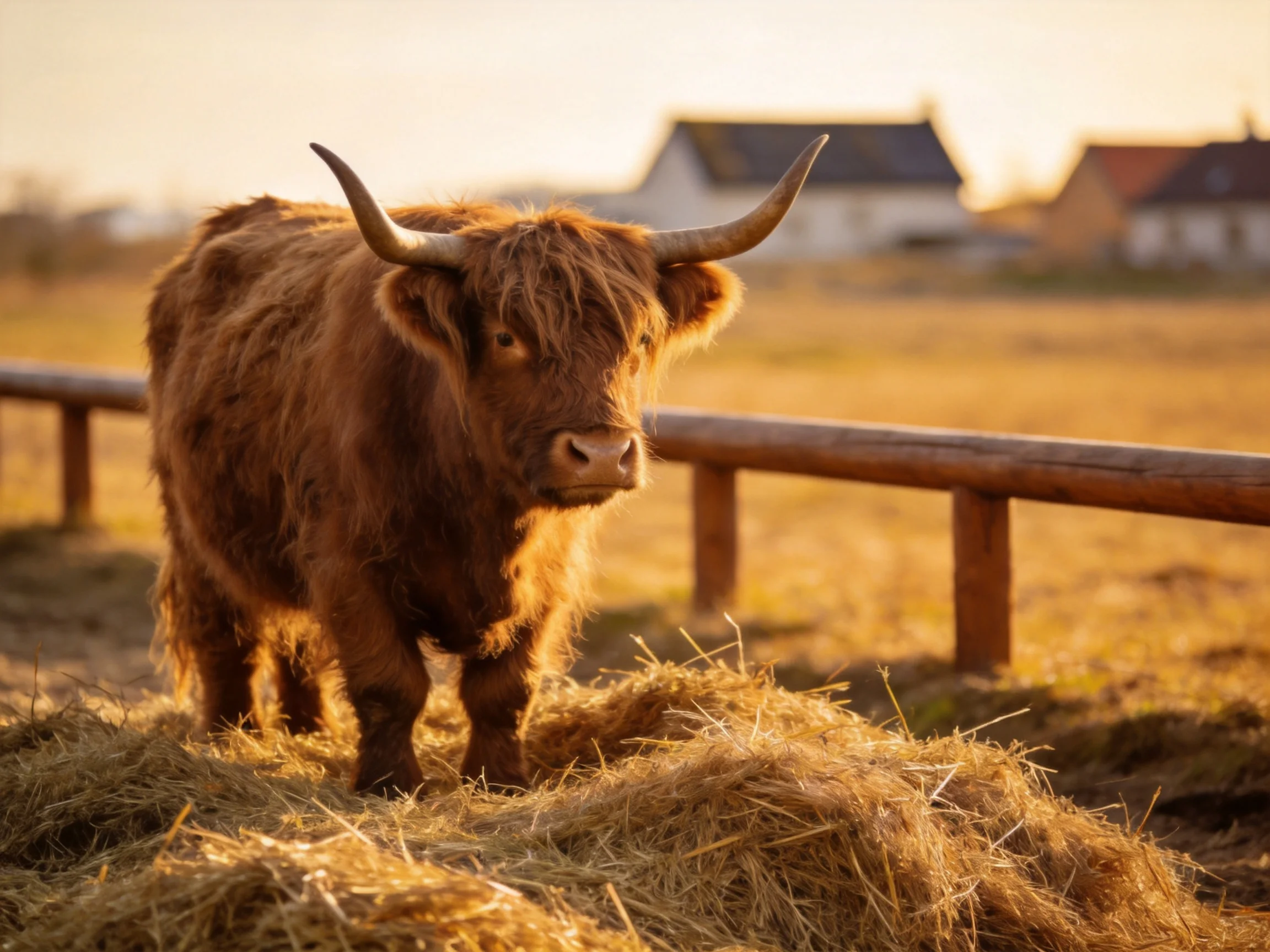 A shaggy brown Highland cow stands near golden hay in a sunlit field