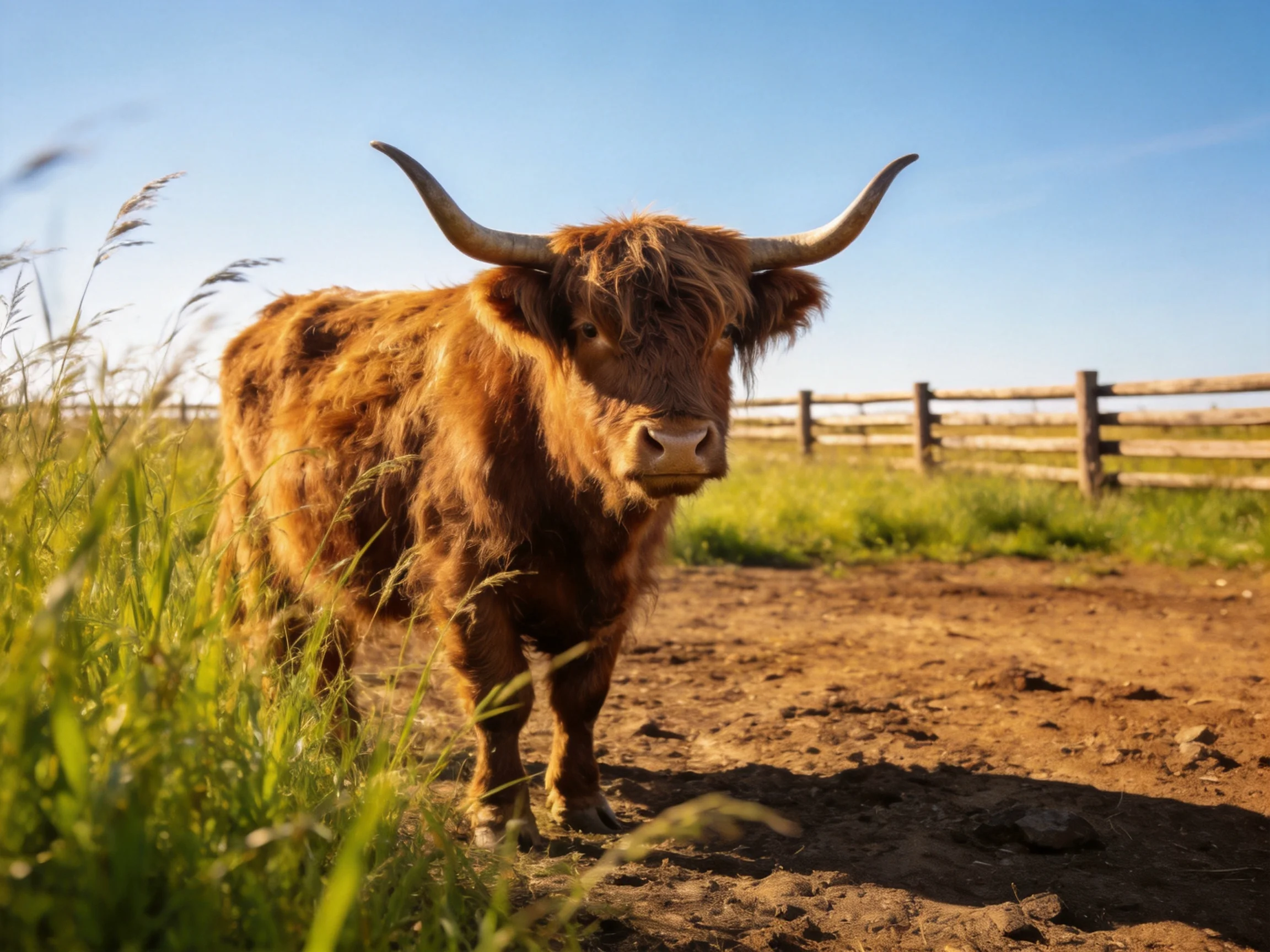 A shaggy brown Highland cow stands near tall green grass