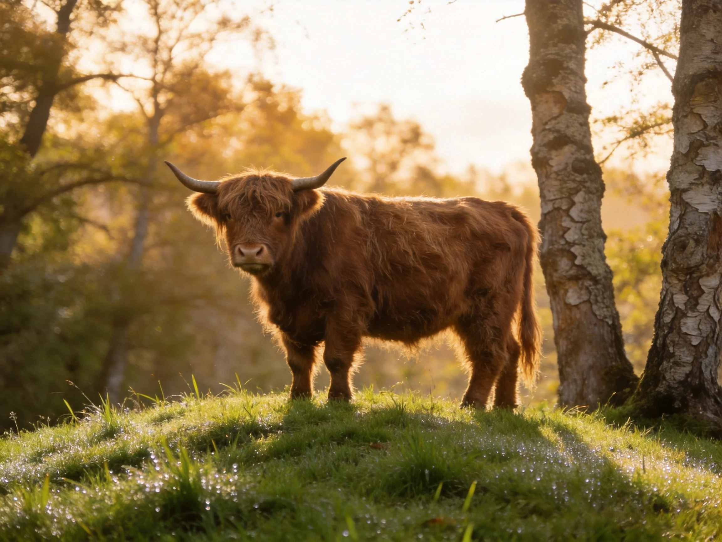 A shaggy brown Highland cow stands on a dewy grassy mound near birch trees
