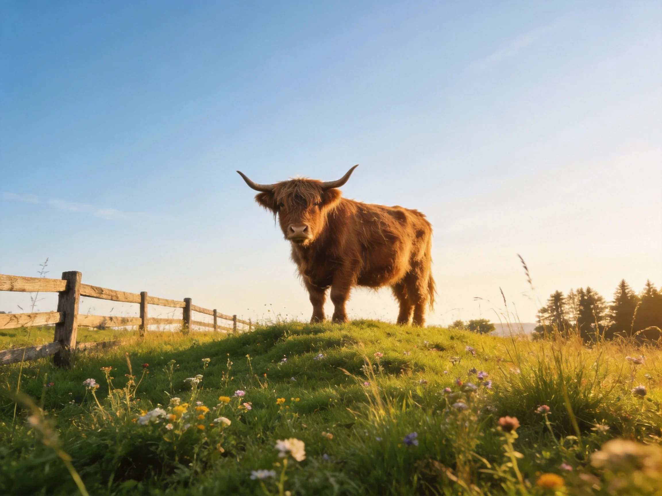 A shaggy brown Highland cow stands on a flowered grassy hillside near a wooden fence