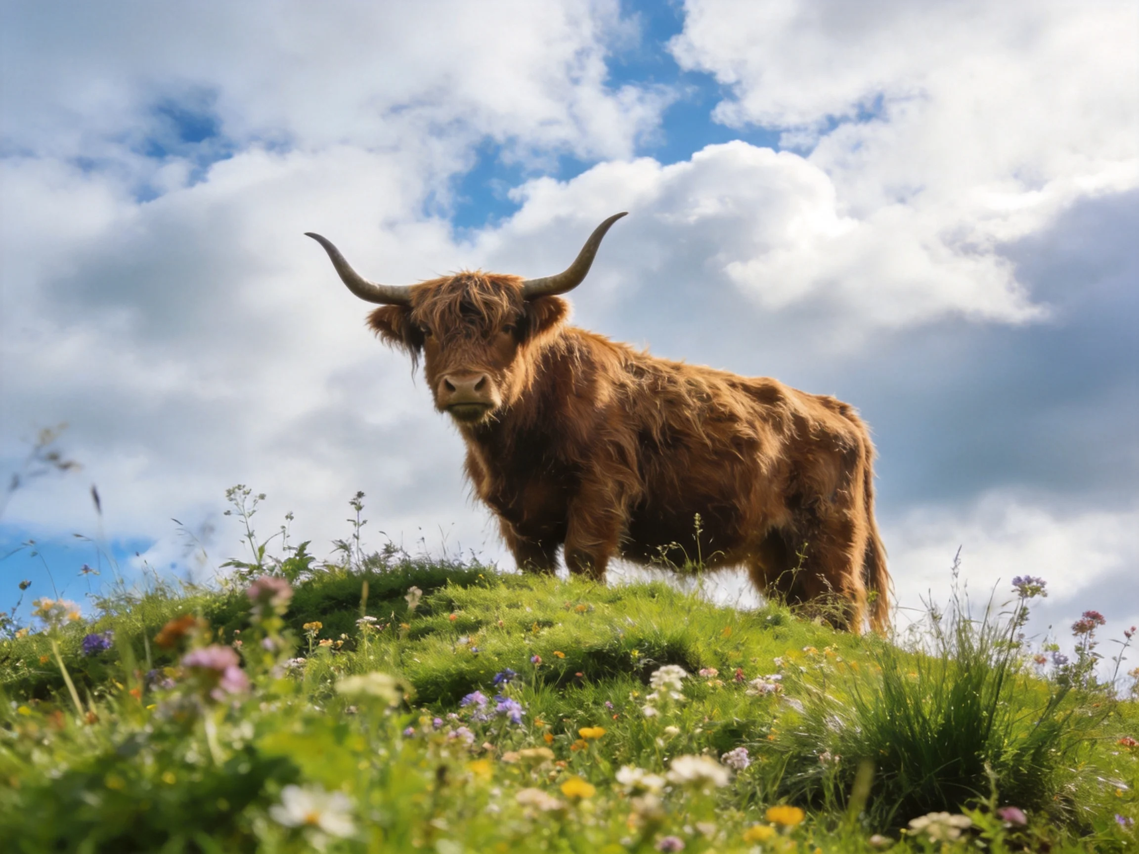 A shaggy brown Highland cow stands on a flowered green hill under a cloudy sky