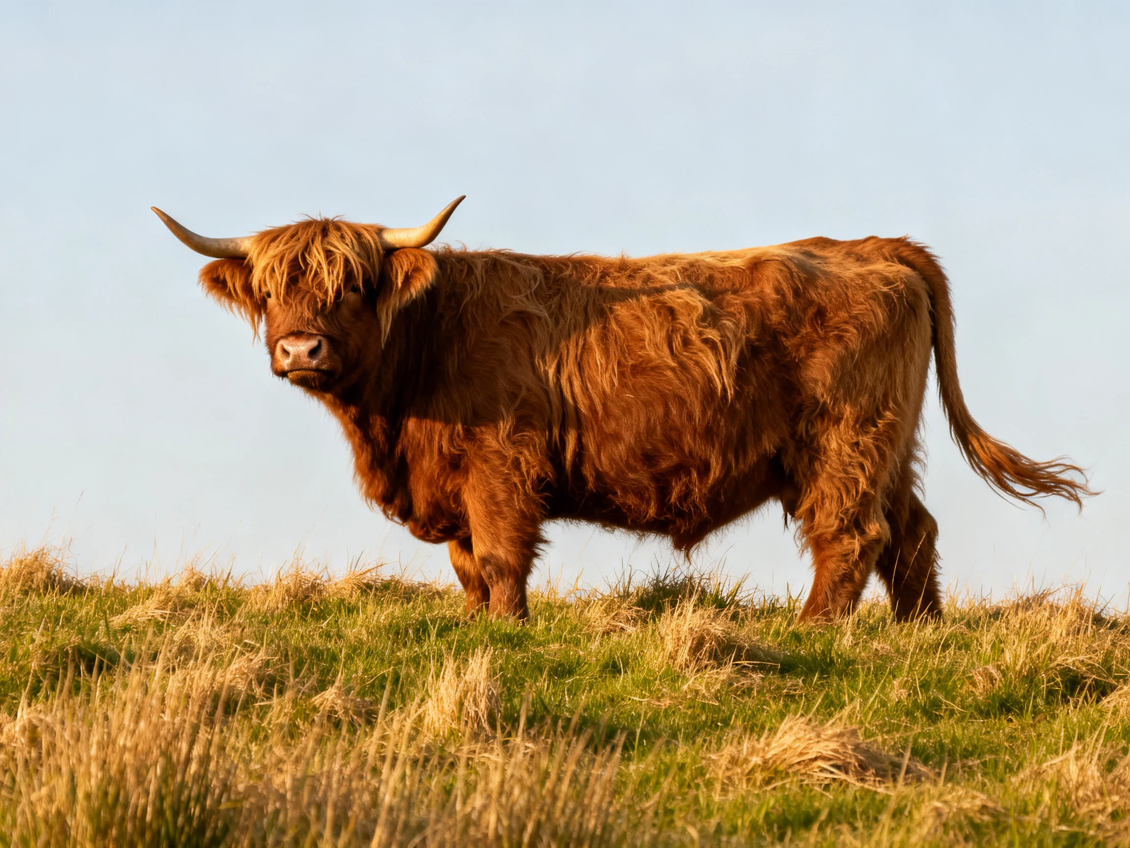 A shaggy brown Highland cow stands on a grassy hillside