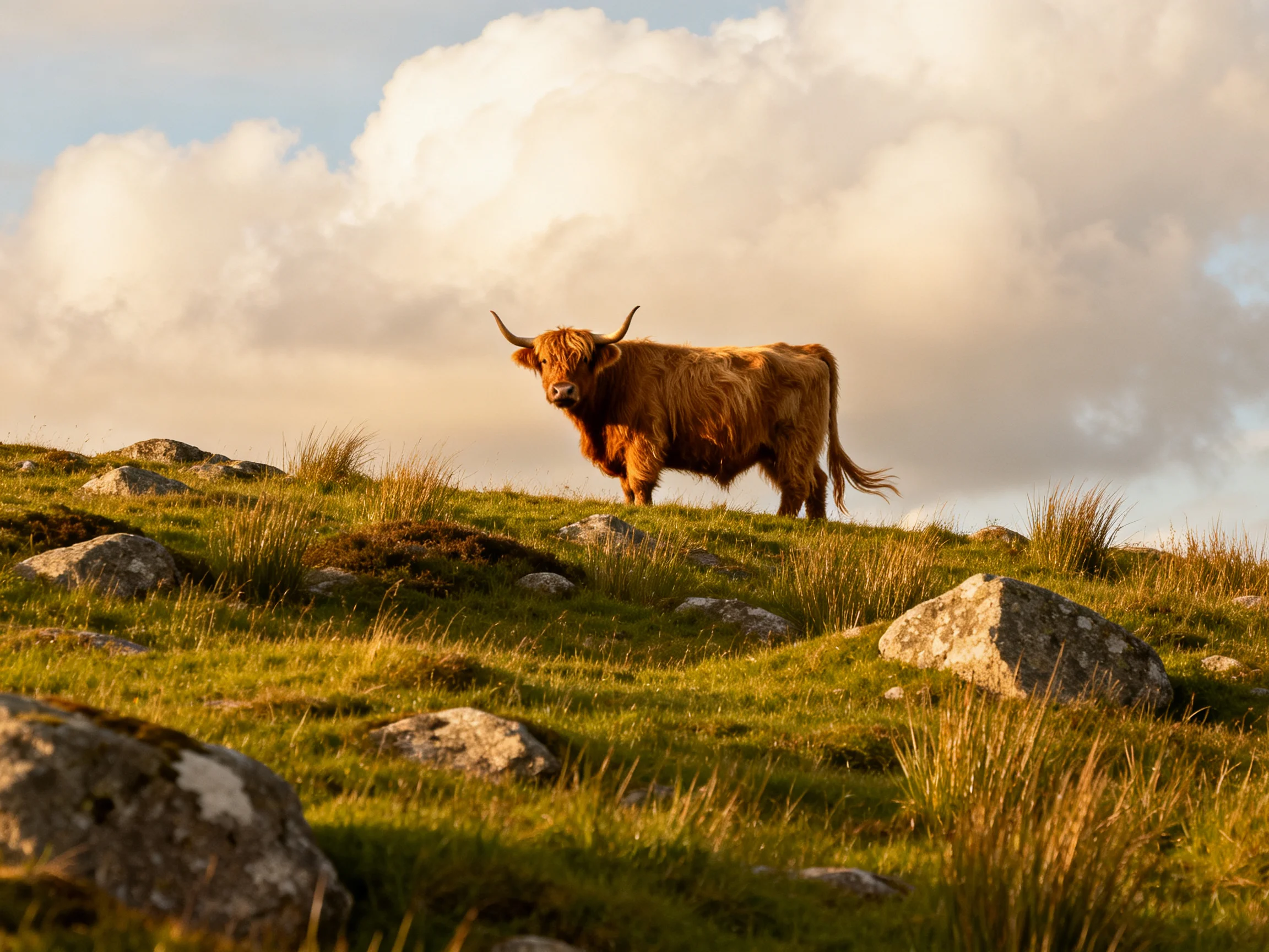 A shaggy brown Highland cow stands on a rocky grassy hillside under a partly cloudy sky