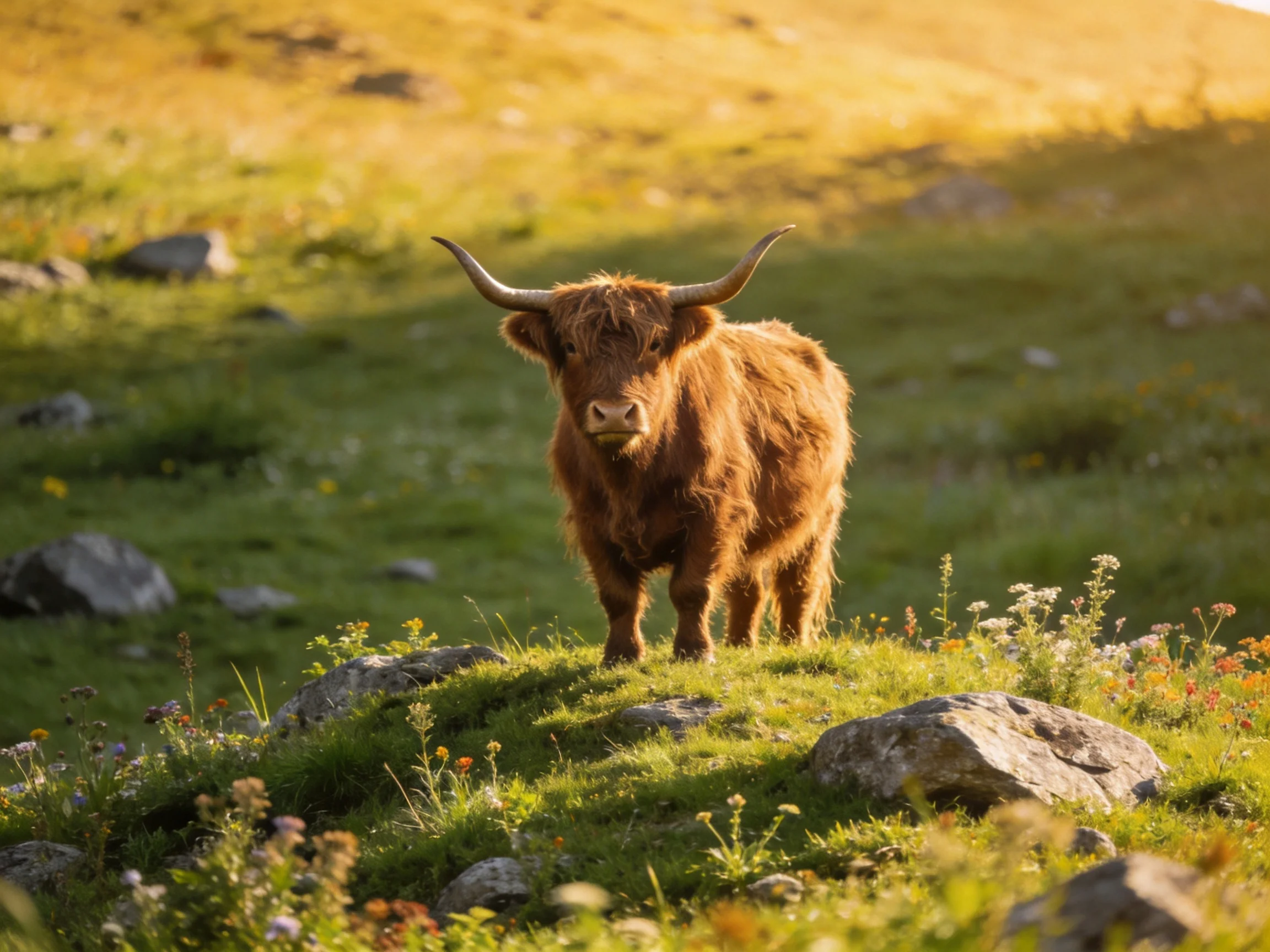 A shaggy brown Highland cow stands on a rocky meadow with wildflowers