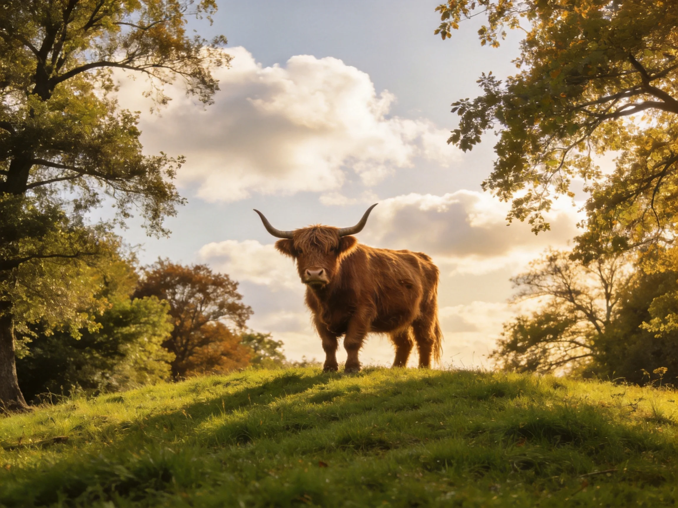 A shaggy brown Highland cow stands on a sun-drenched grassy hill near tall trees