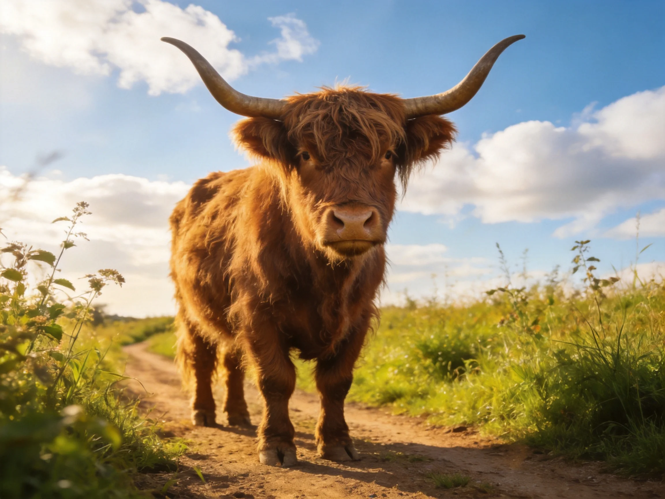 A shaggy brown Highland cow stands on a sunlit dirt path