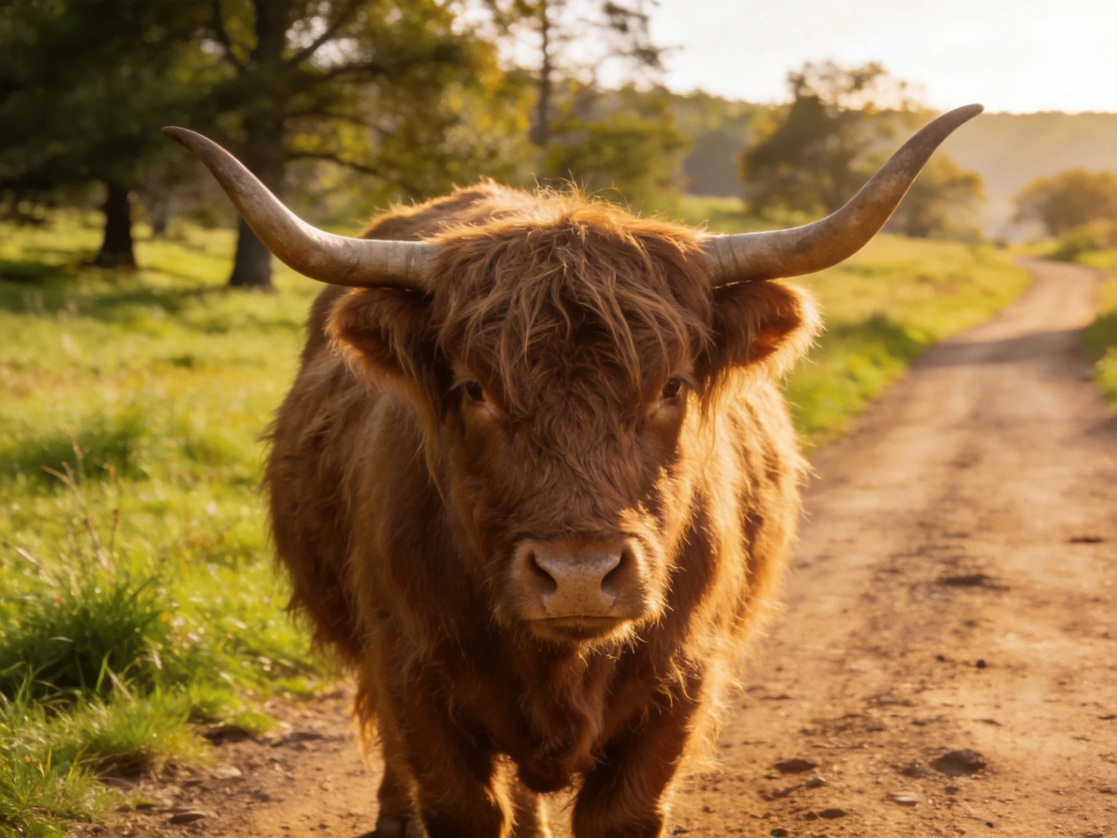 A shaggy brown Highland cow stands on a sunlit dirt path