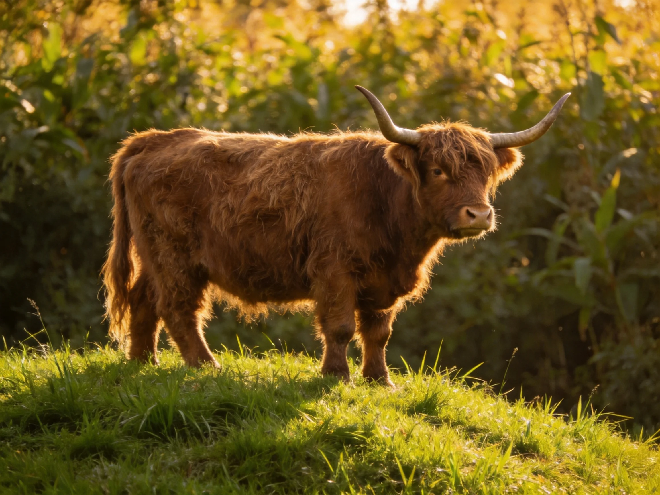 A shaggy brown Highland cow stands on lush green grass amid golden foliage
