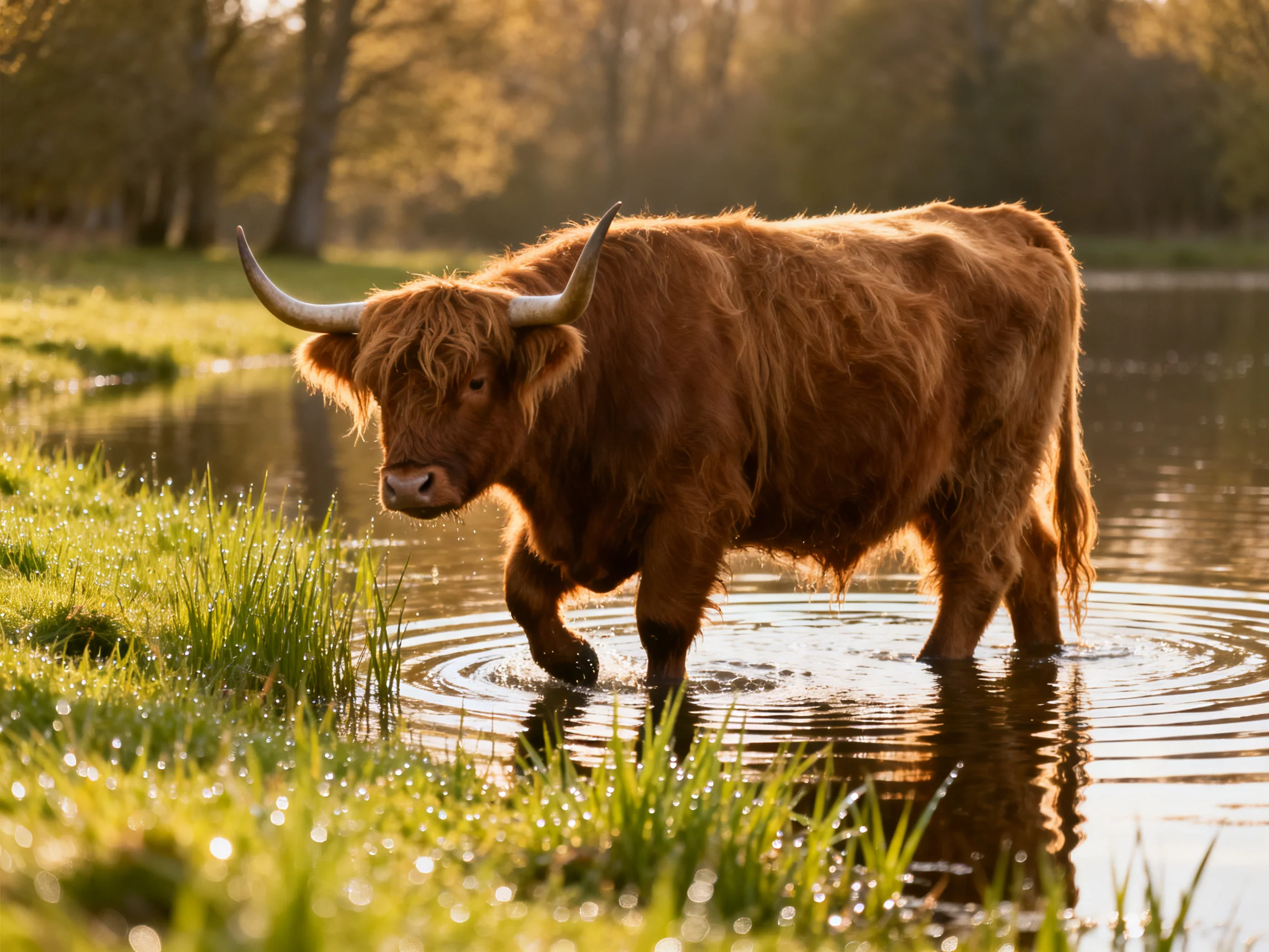 A shaggy brown Highland cow wades through shallow water near green grass