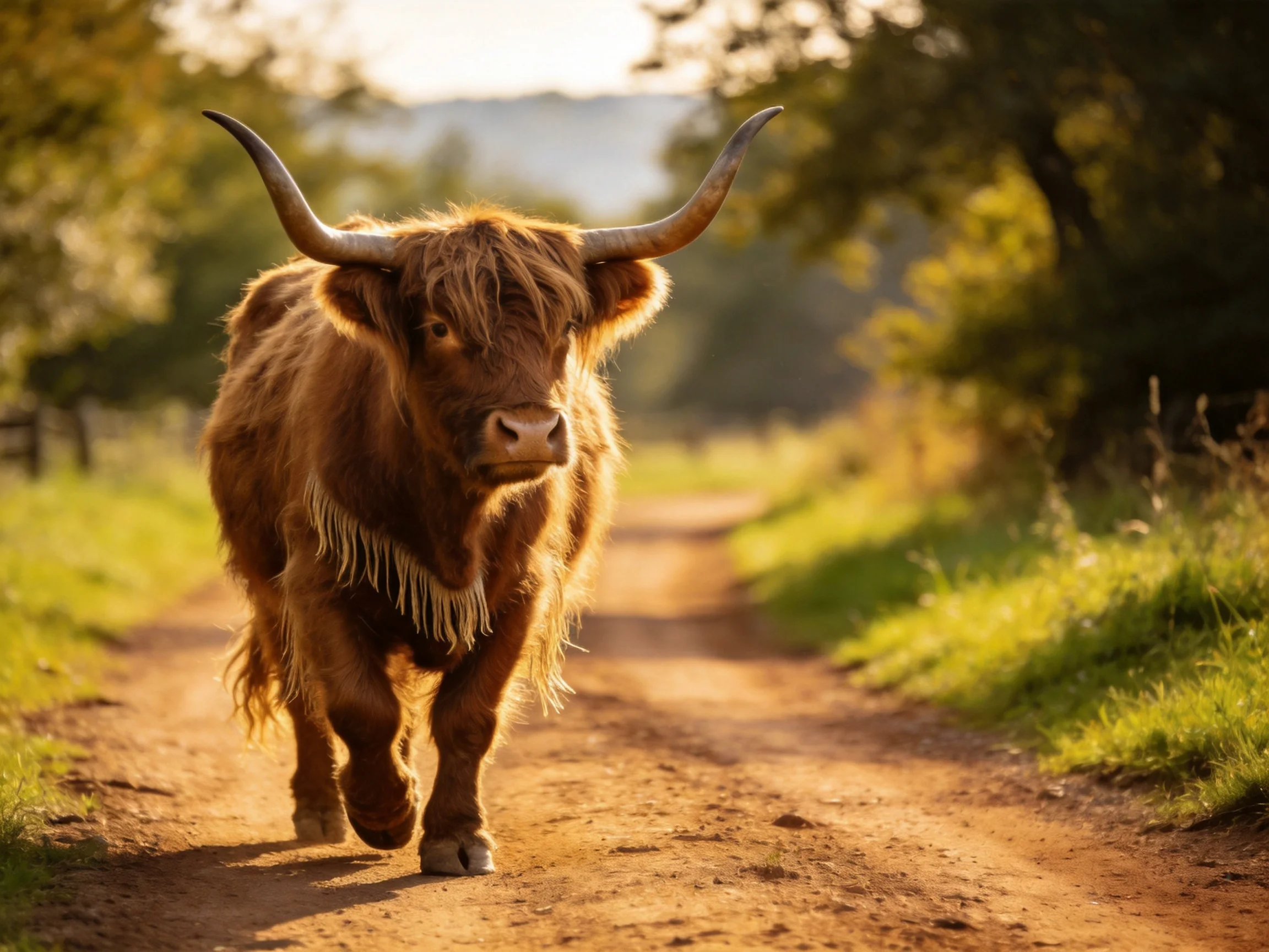 A shaggy brown Highland cow walking down a sunlit dirt road
