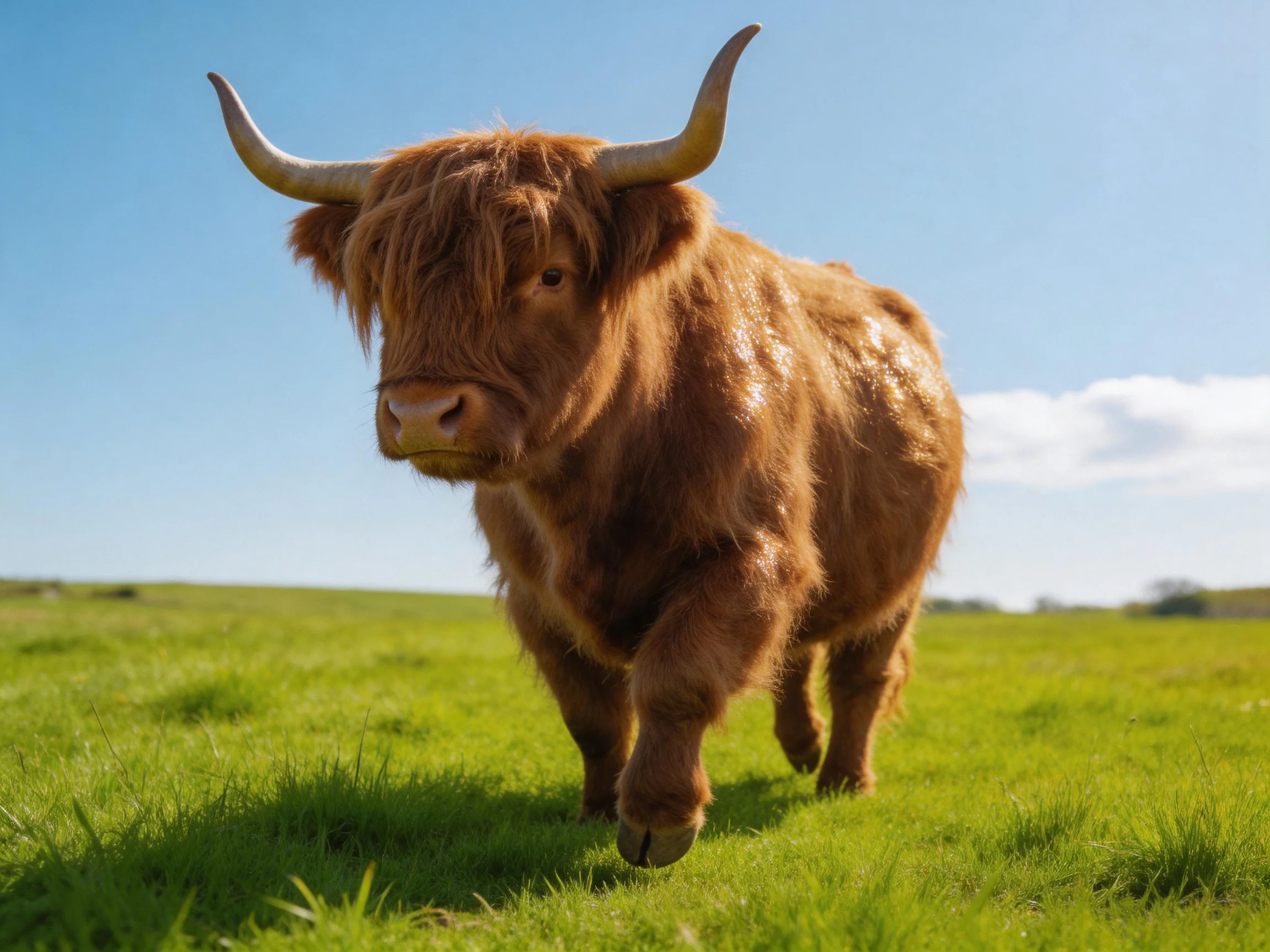 A shaggy brown Highland cow walking through a lush green meadow