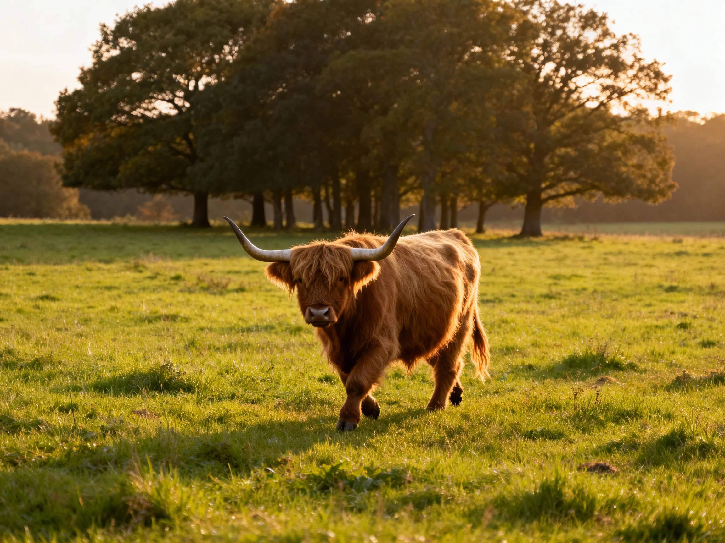 A shaggy brown Highland cow walks through a sunlit green meadow near large trees