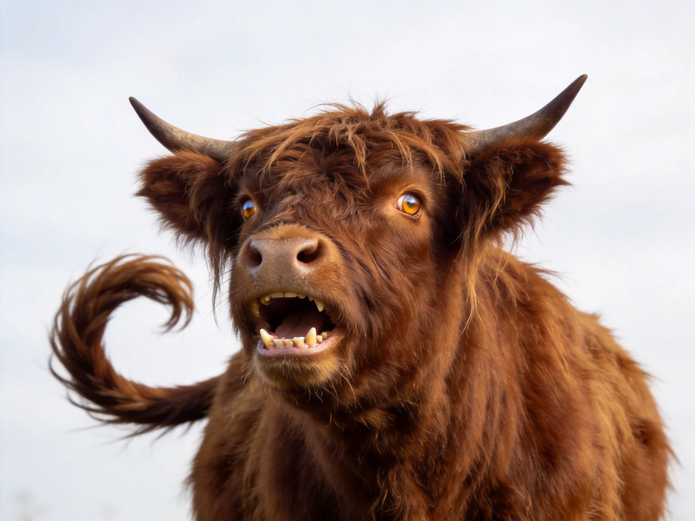 A shaggy brown Highland cow shows its teeth under a bright sky.