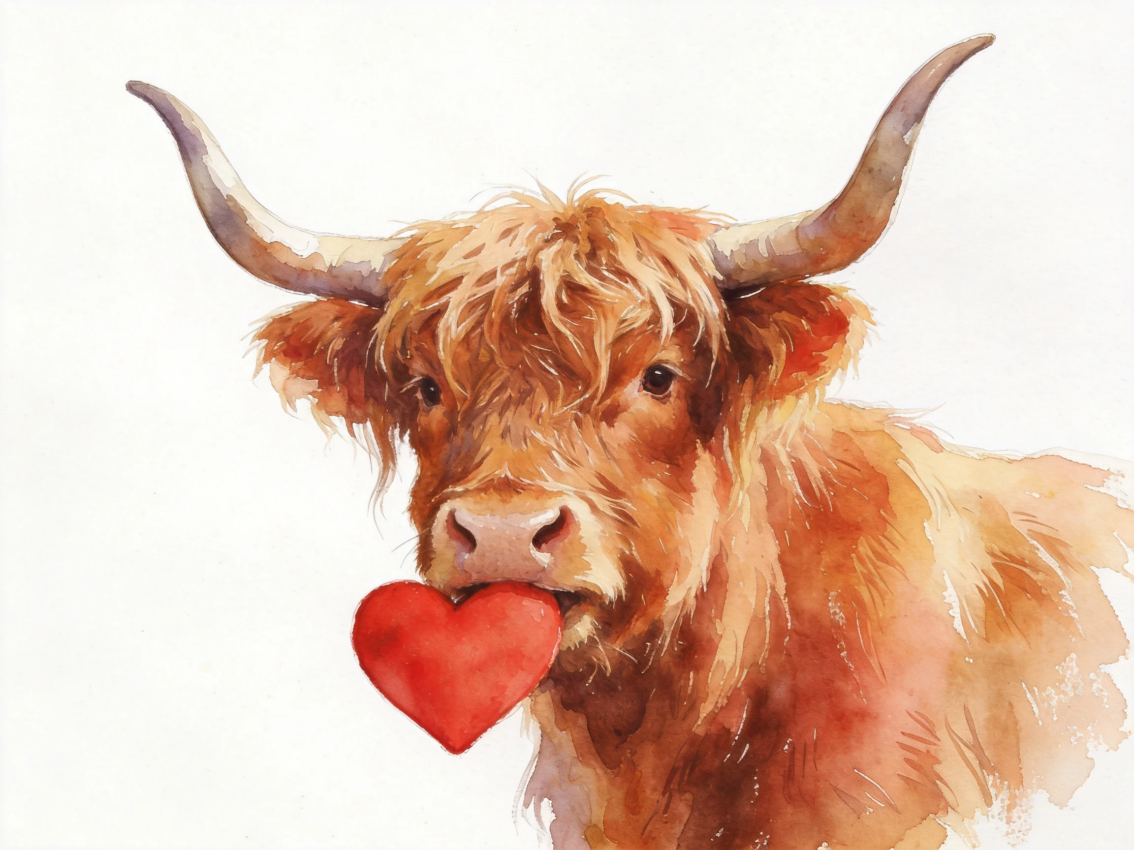 A shaggy brown Highland cow with curved horns holds a bright red heart