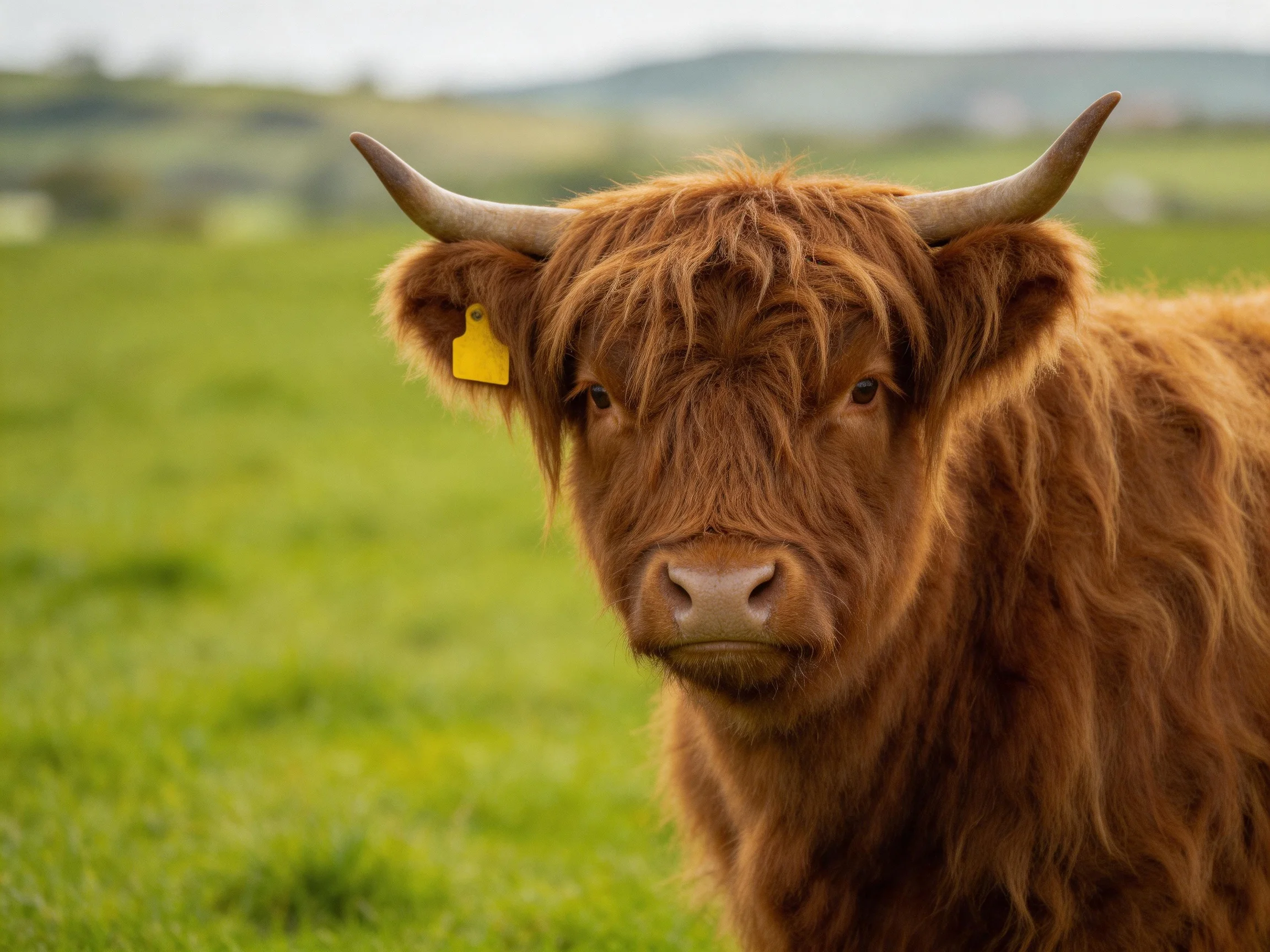 A shaggy brown Highland cow with curved horns in a green pasture