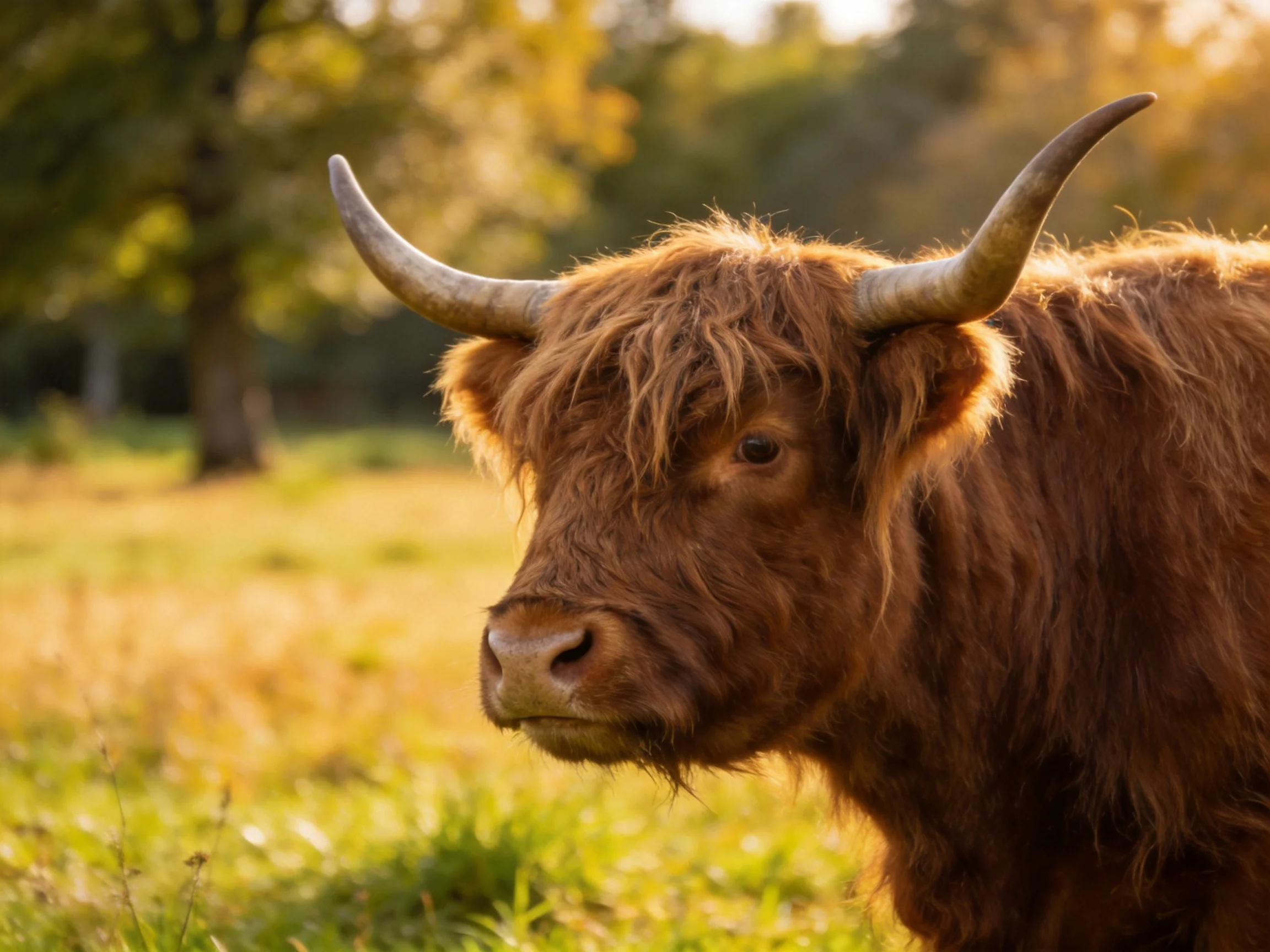 A shaggy brown Highland cow with curved horns in a sunlit meadow