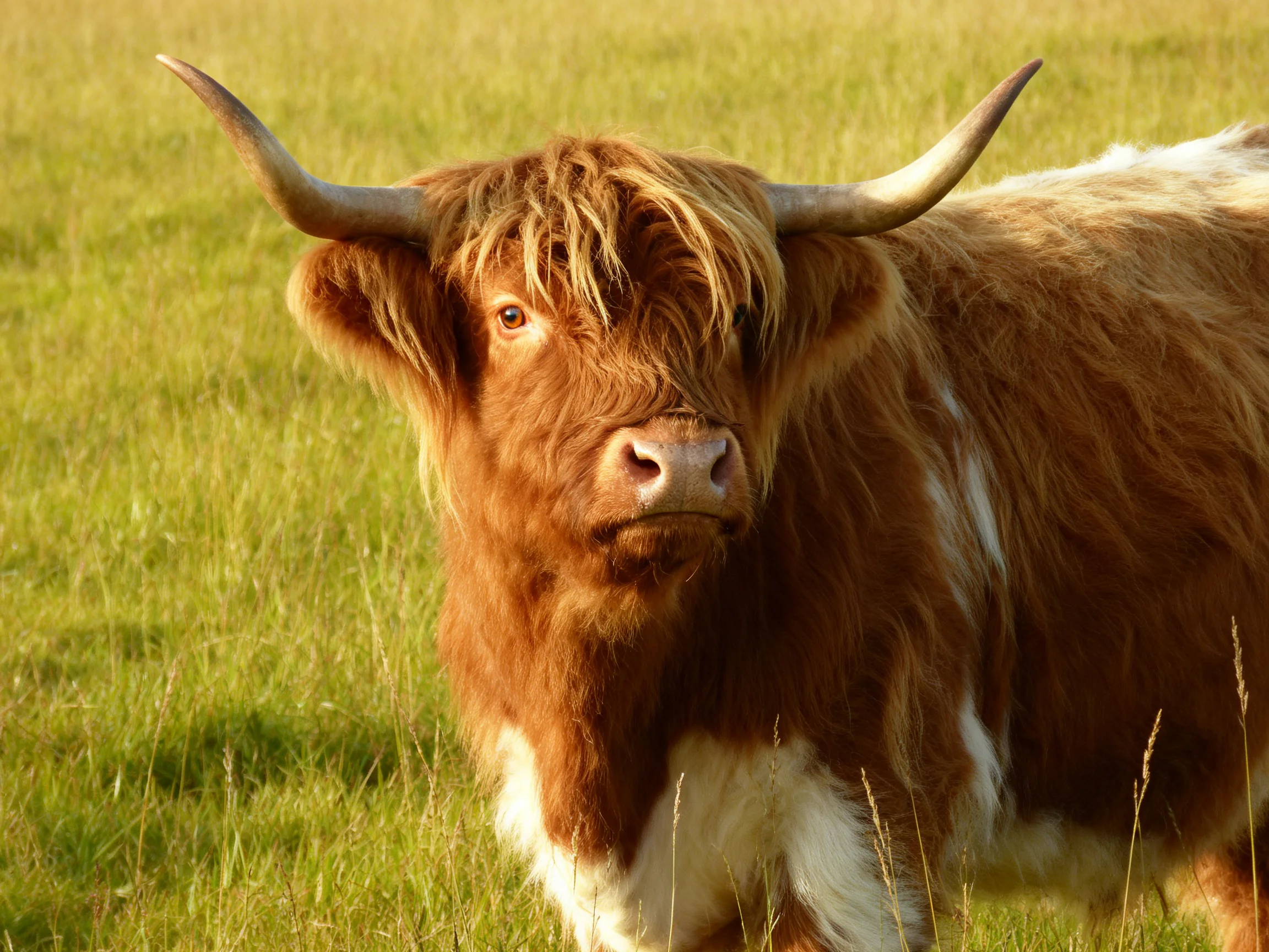 A shaggy brown Highland cow stands in a sunlit meadow.