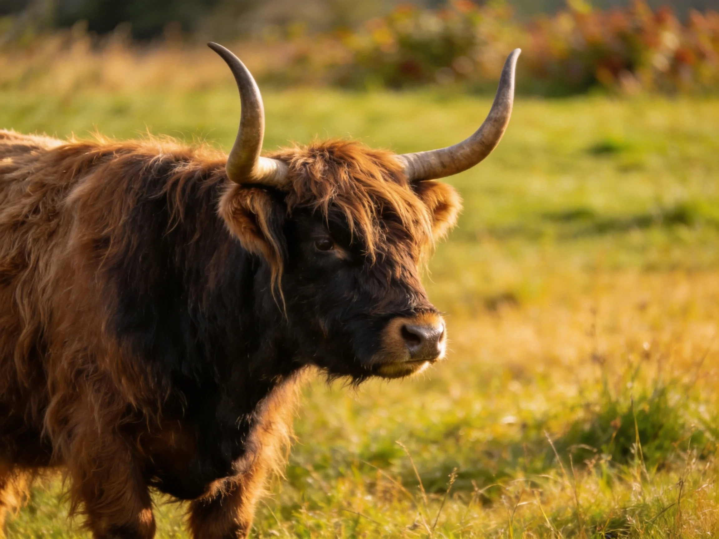 A shaggy brown Highland cow with curved horns stands in a sunlit meadow