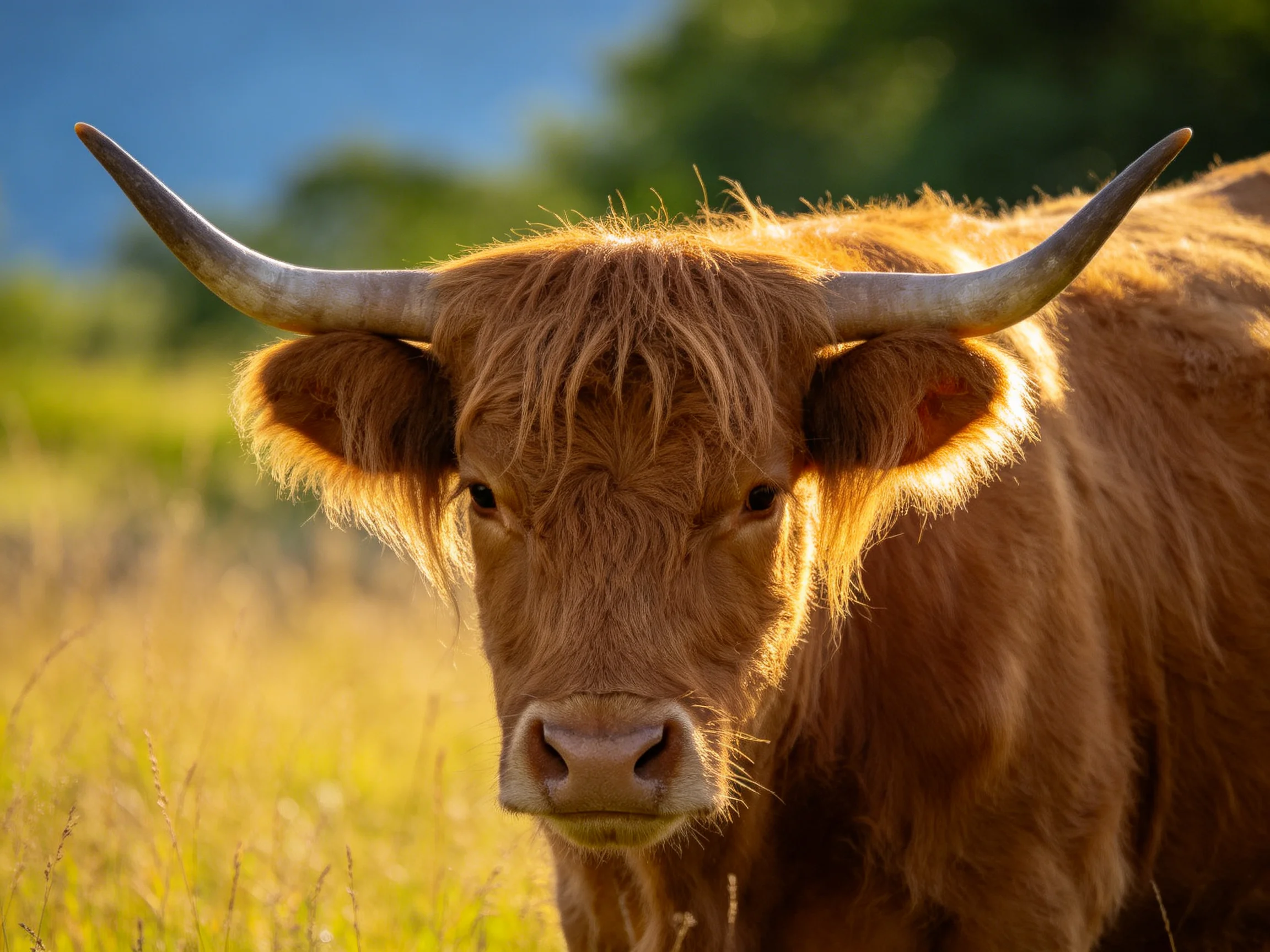 A shaggy brown Highland cow with large curved horns