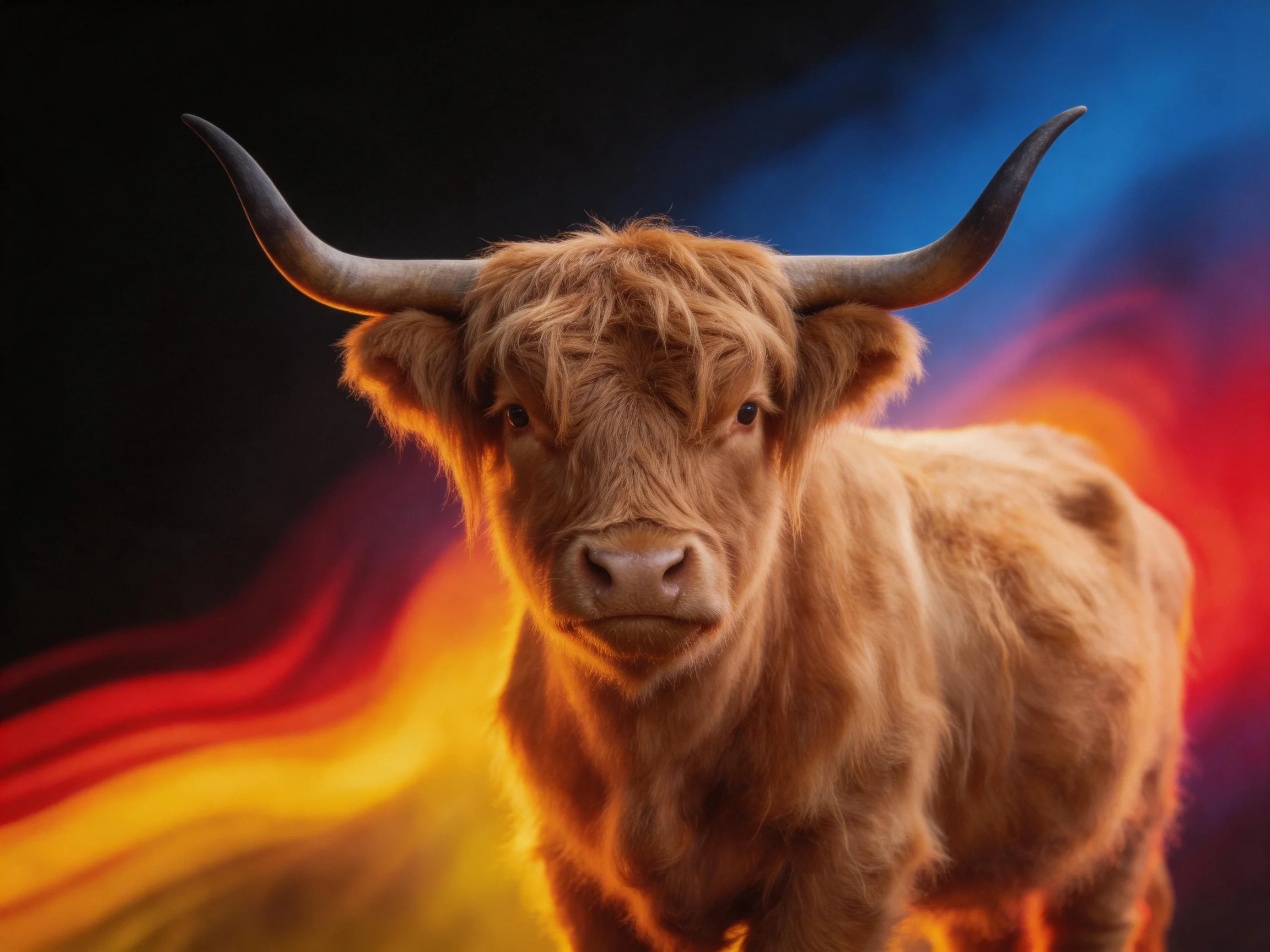 A shaggy brown Highland cow with large curved horns against vibrant multicolor backdrop
