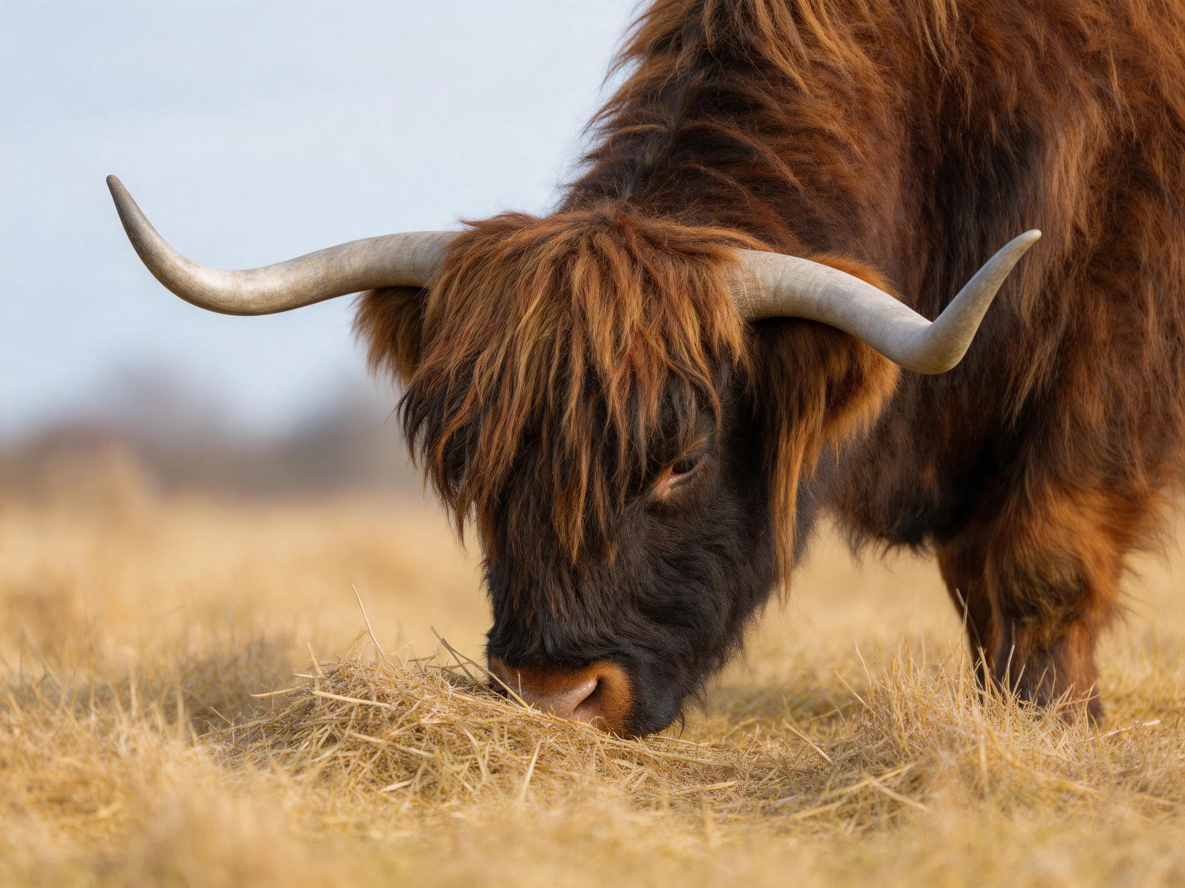 A shaggy brown Highland cow with large curved horns grazing on golden hay