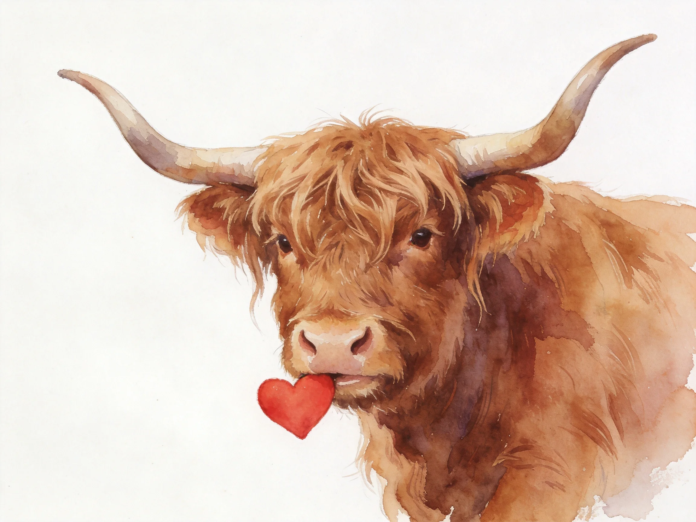 A shaggy brown Highland cow with large curved horns holds a bright red heart