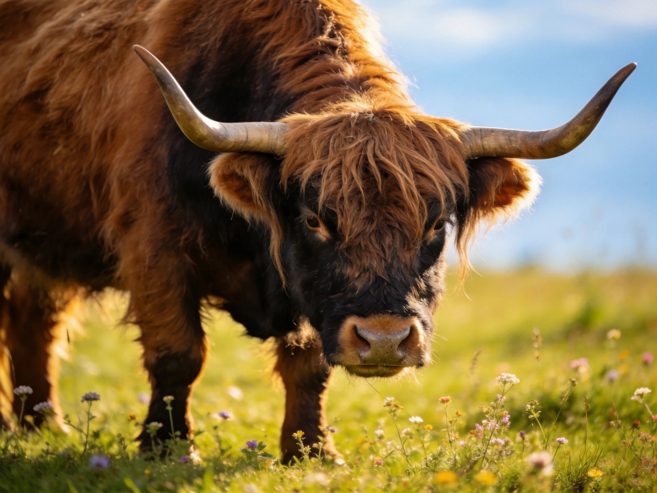 A shaggy brown Highland cow with large curved horns in a flowered meadow