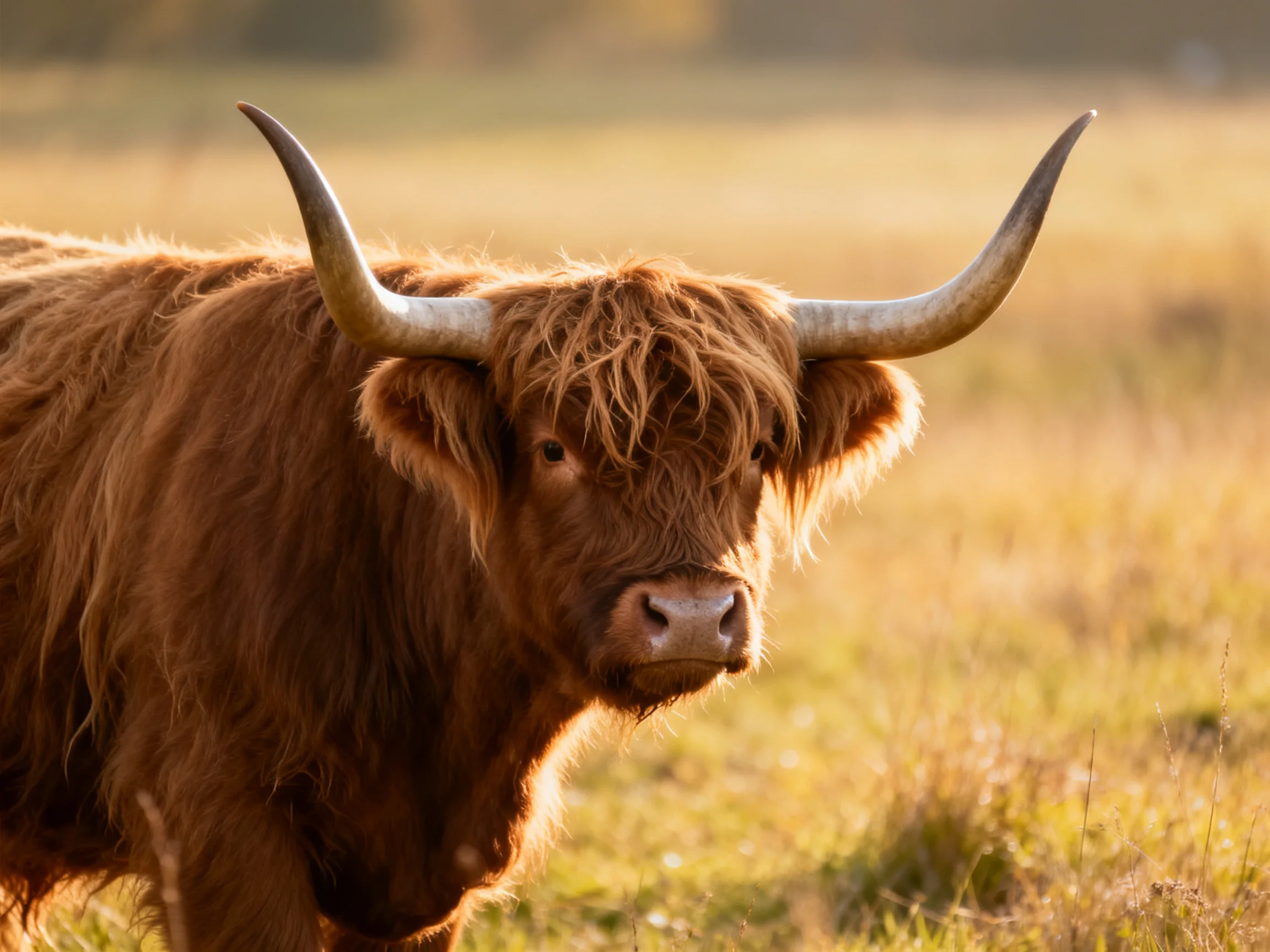 A shaggy brown Highland cow with large curved horns in a golden meadow