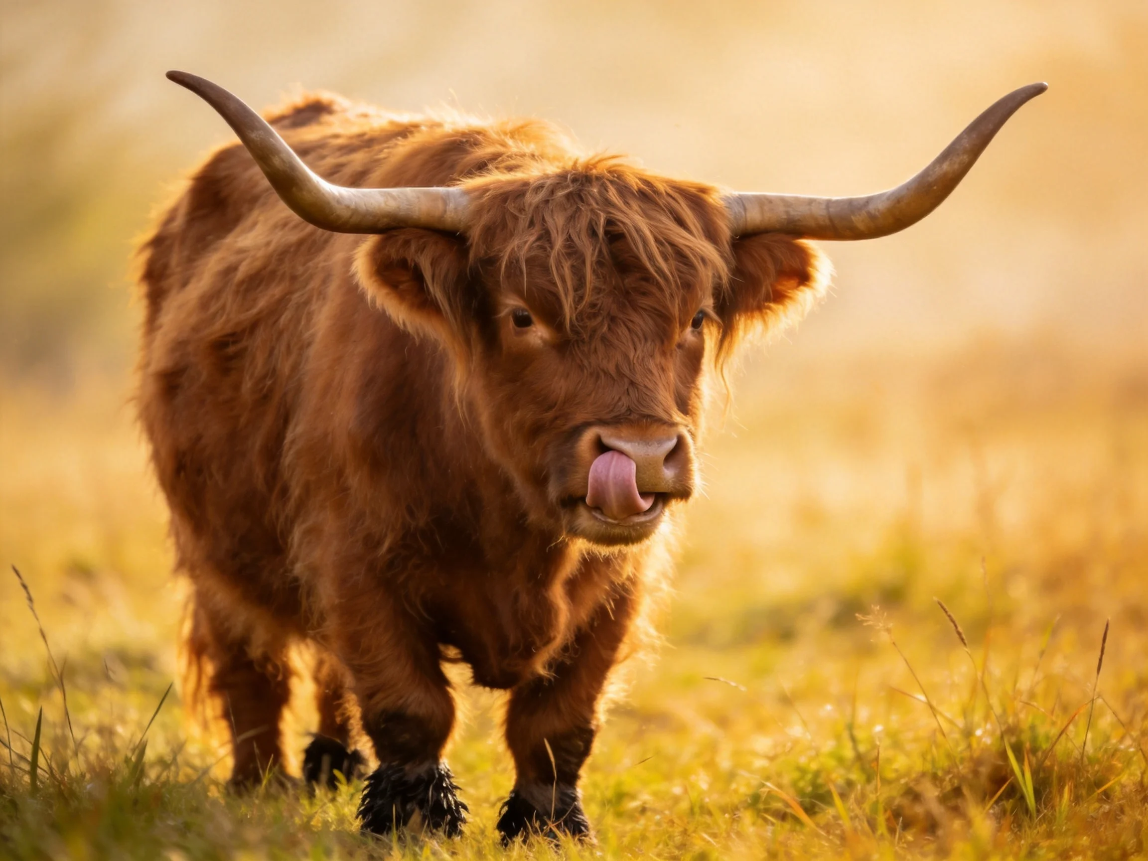 A shaggy brown Highland cow with large curved horns in a golden meadow