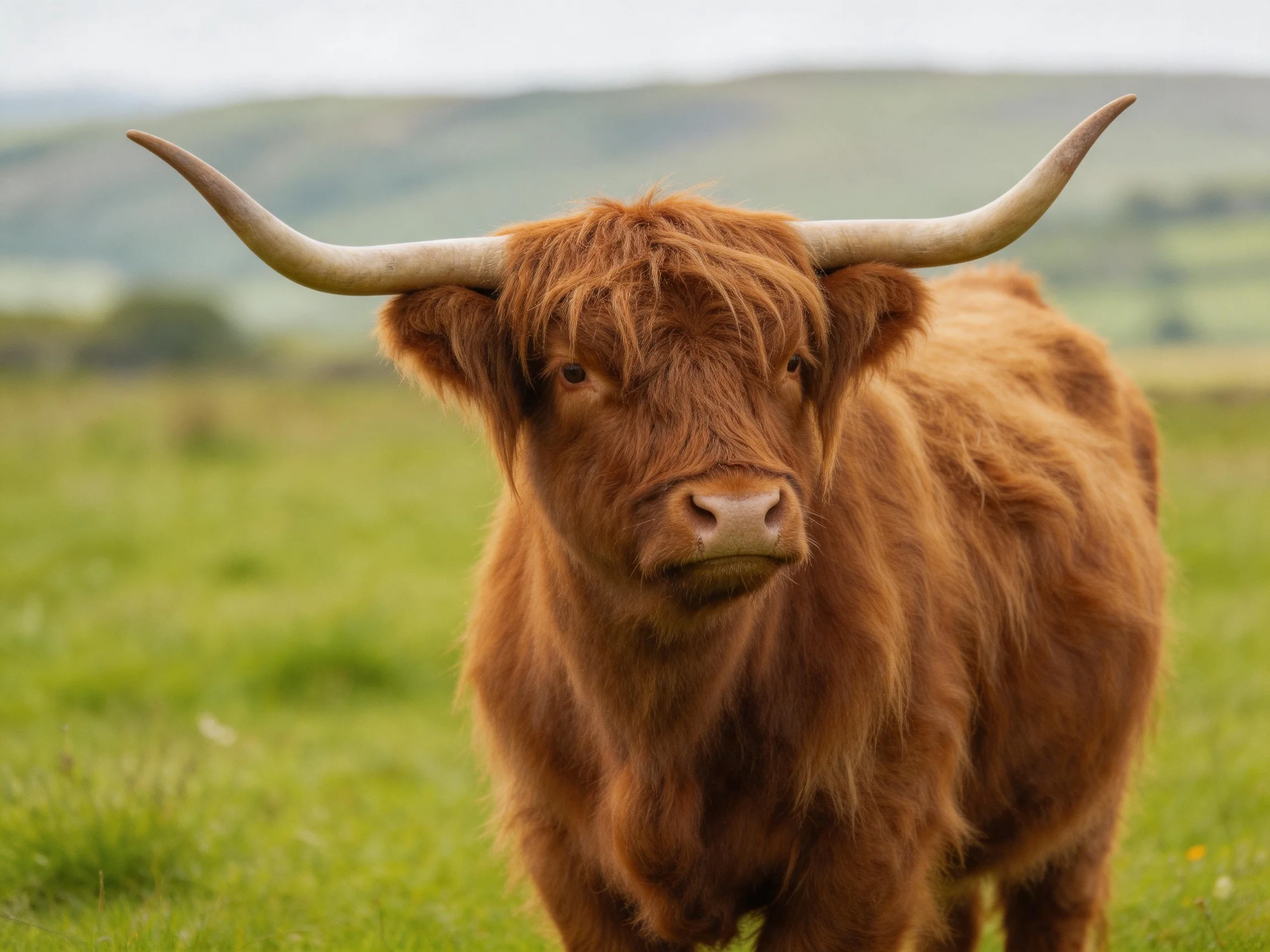A shaggy brown Highland cow with large curved horns in a green meadow