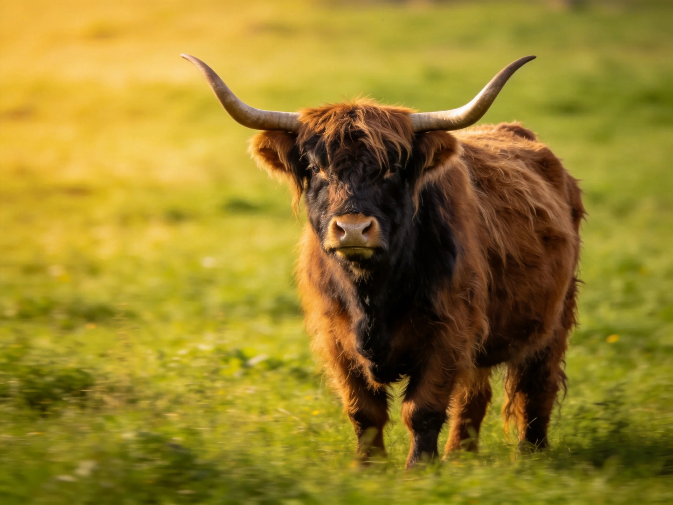 A shaggy brown Highland cow with large curved horns in a sunlit green meadow