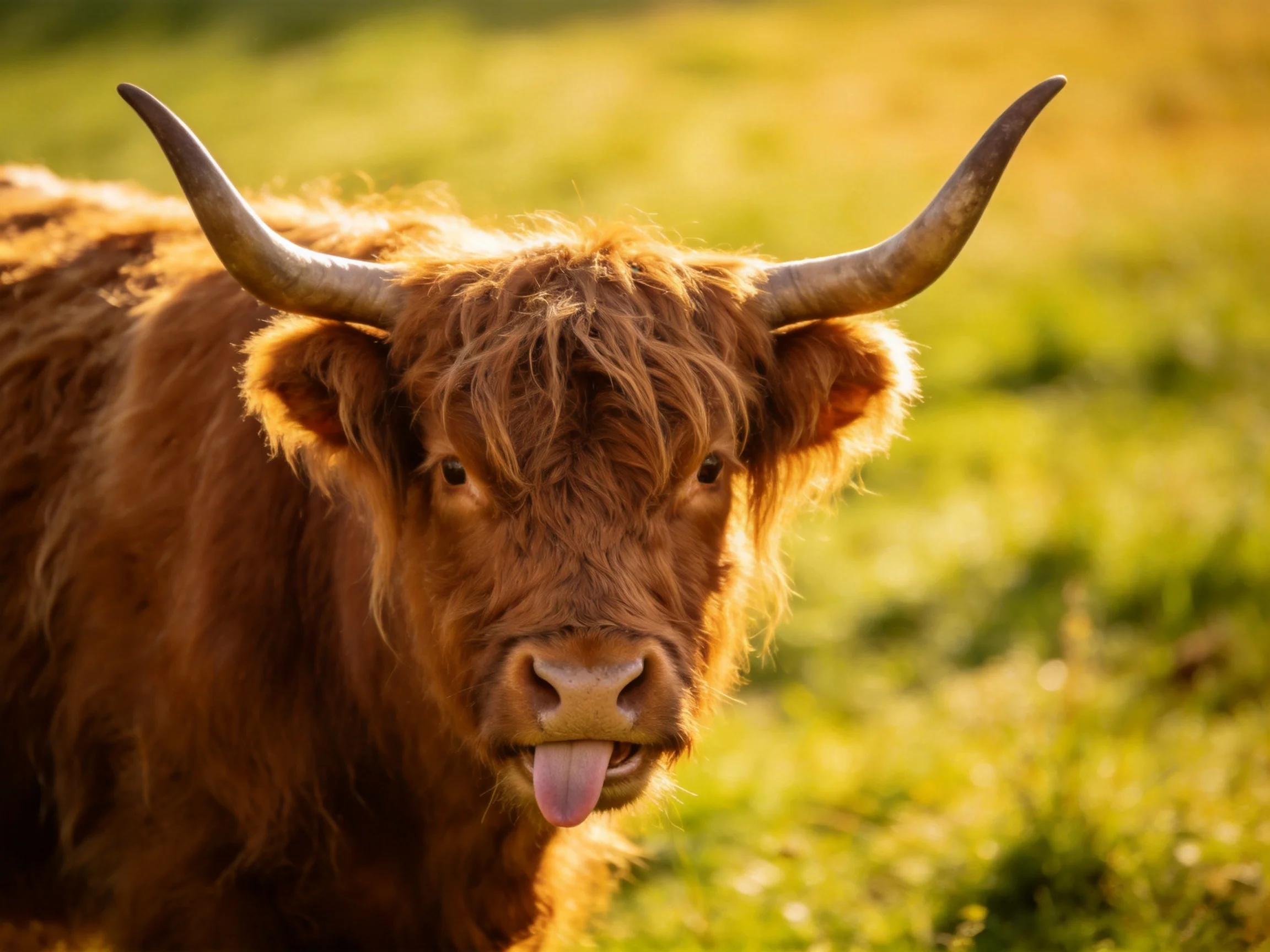 A shaggy brown Highland cow with large curved horns in a sunlit meadow