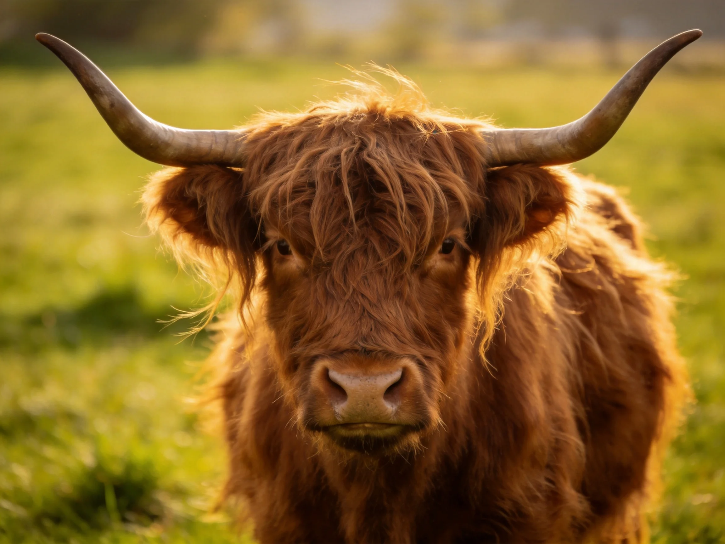 A shaggy brown Highland cow stands in a sunlit green meadow.