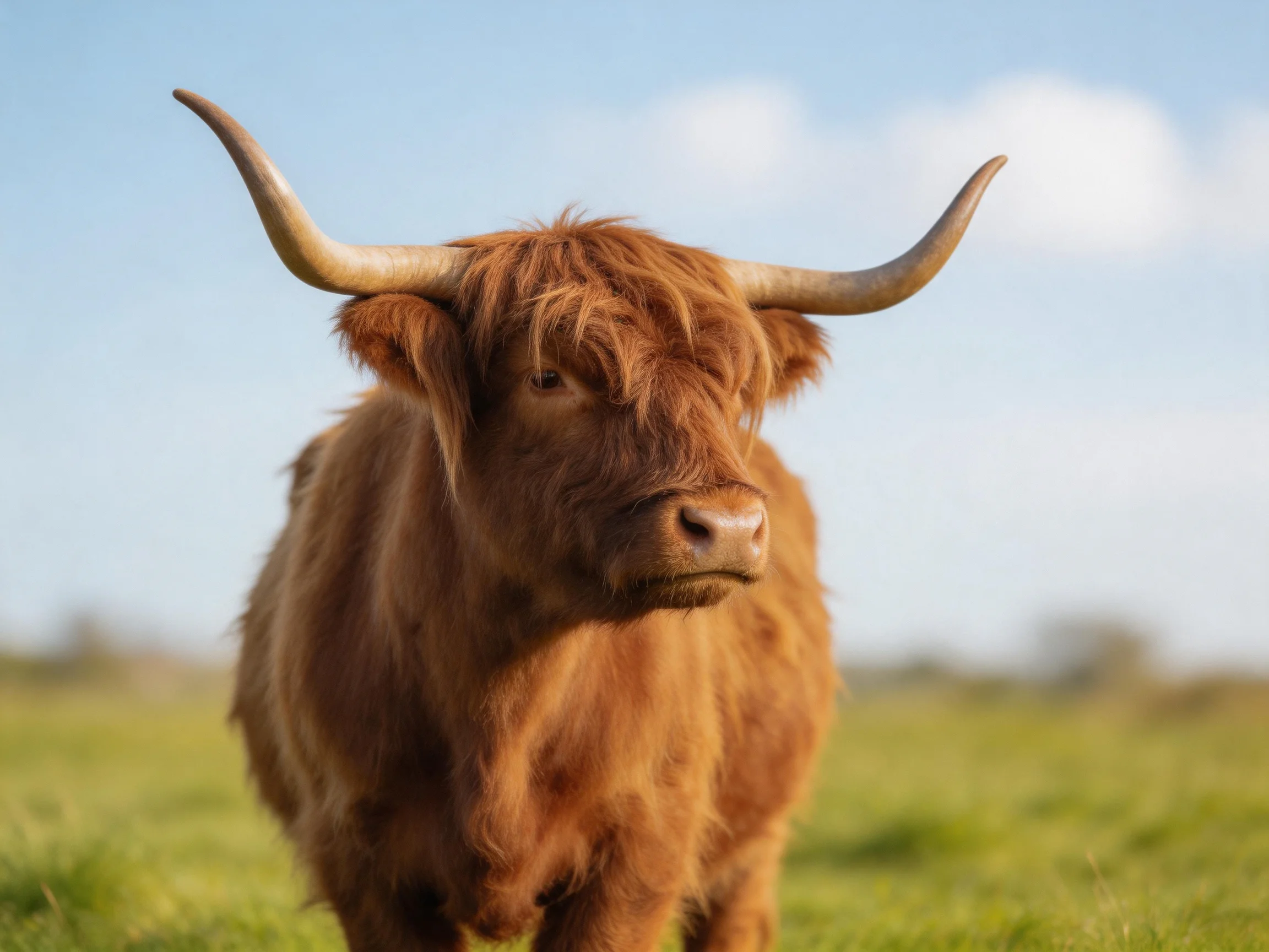 A shaggy brown Highland cow with large curved horns in a sunlit meadow