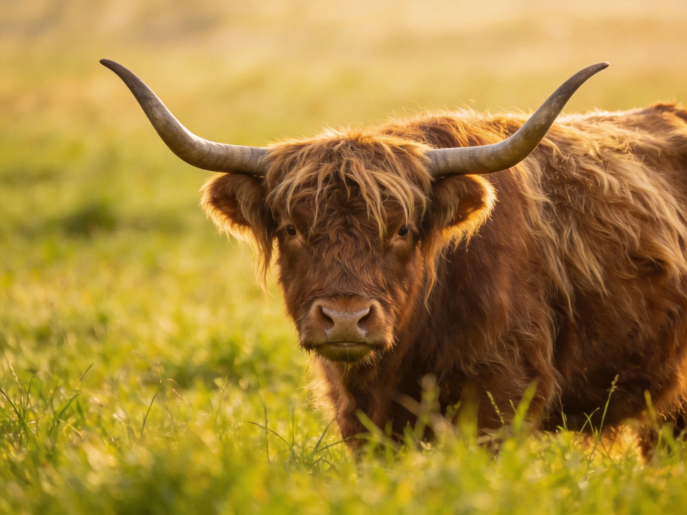 A shaggy brown Highland cow stands in a sunlit green meadow.