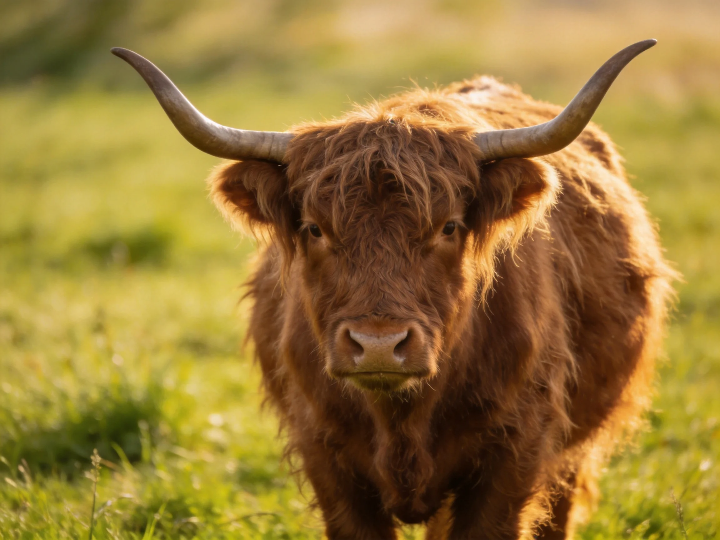 A shaggy brown Highland cow with large curved horns in a sunlit meadow