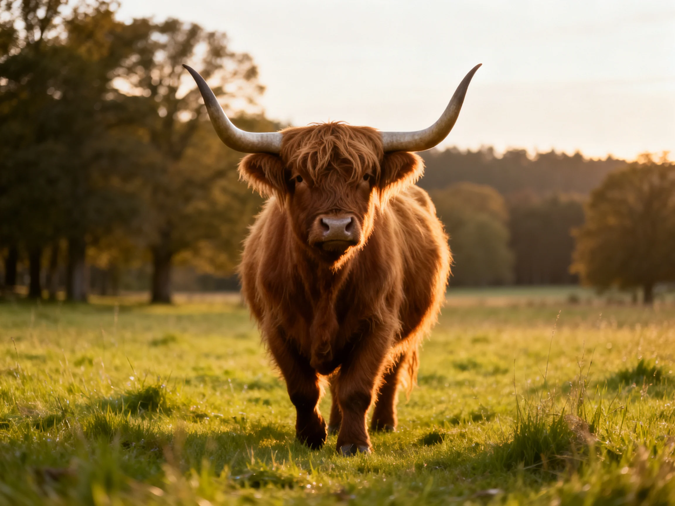 A shaggy brown Highland cow approaches the viewer in a sunlit meadow