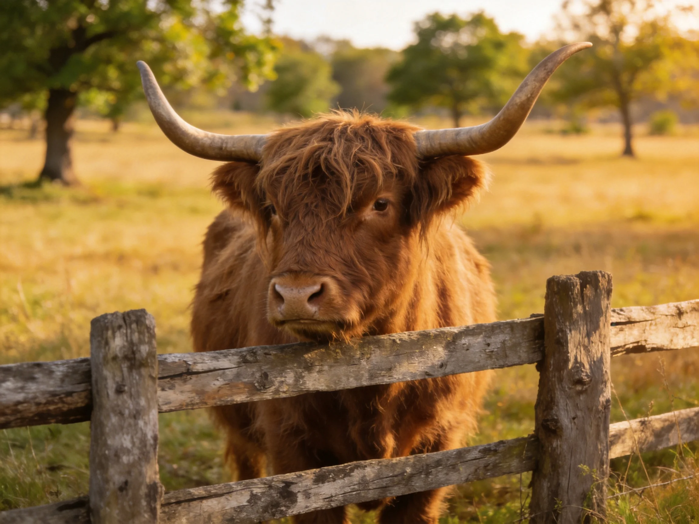 A shaggy brown Highland cow with large curved horns near a weathered wooden fence