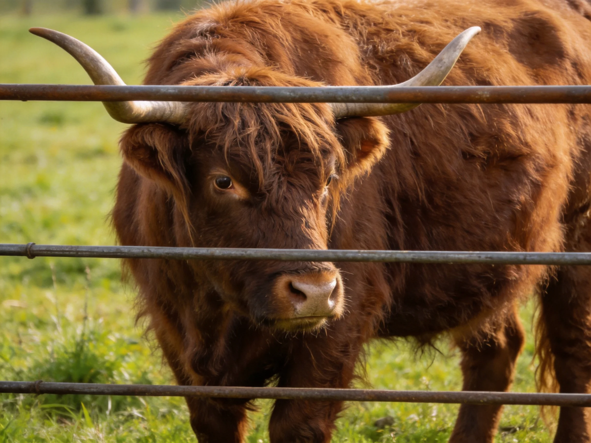 A shaggy brown Highland cow with large curved horns near metal fencing