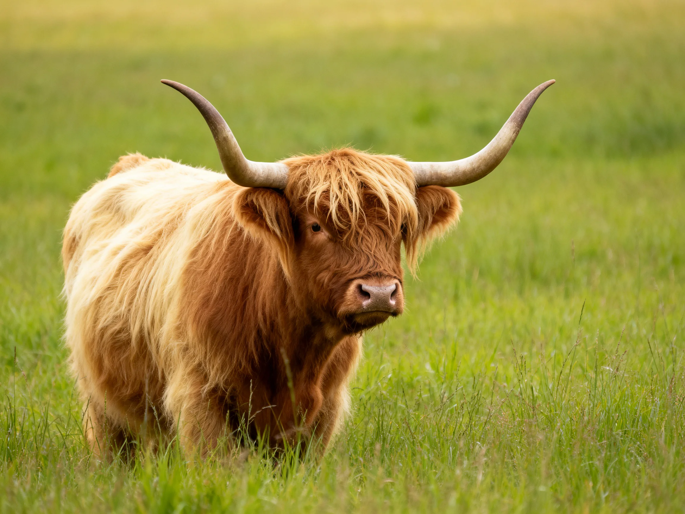 A shaggy brown Highland cow with large curved horns stands in a lush green meadow