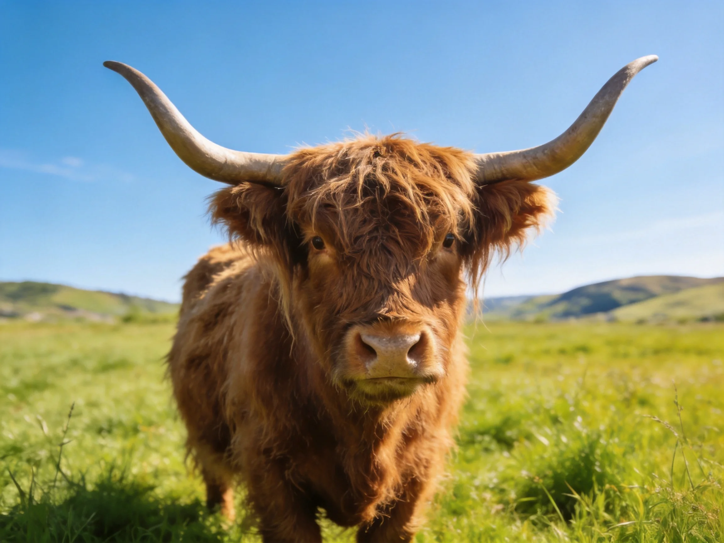 A shaggy brown Highland cow with large curved horns stands in a lush green meadow under a clear blue 